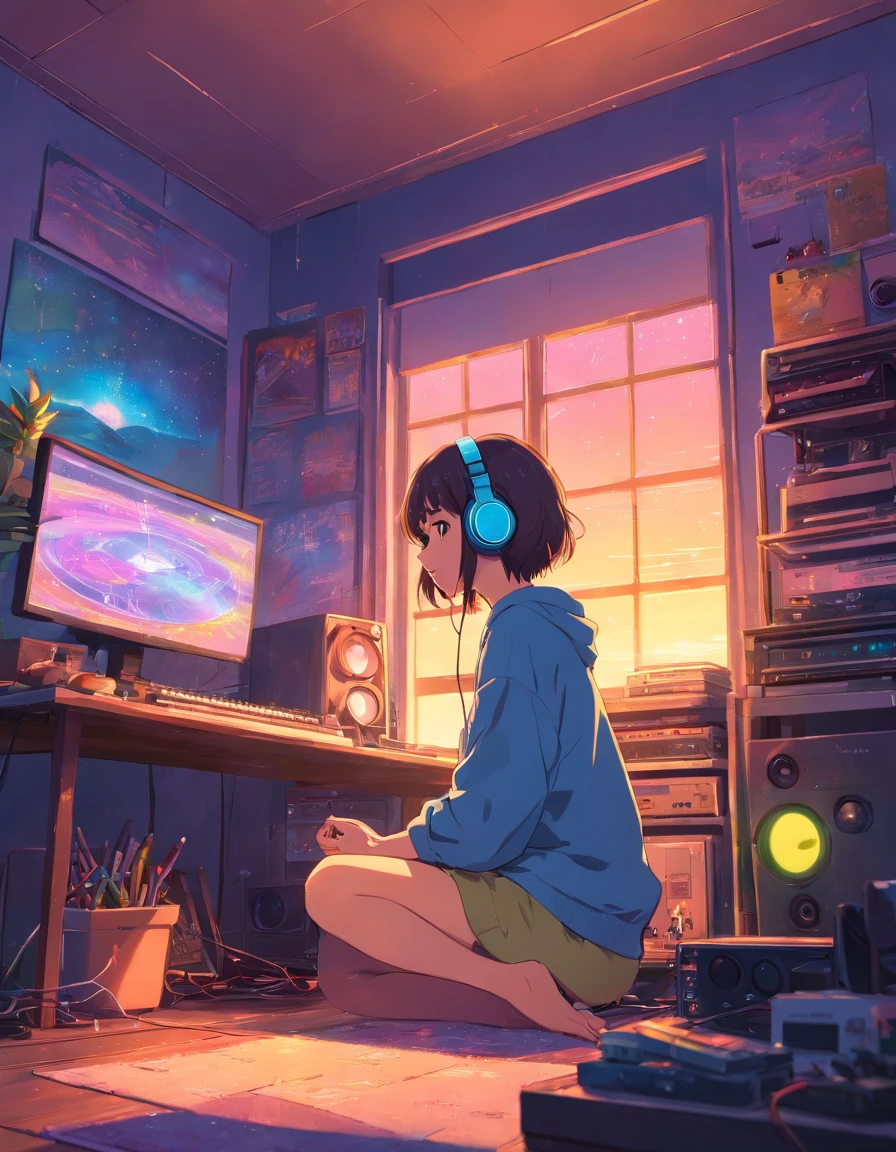 European Hippie Girl meditating in her room, dreaming, Wear headphones, night lights, Neon landscape on a rainy day, Analog Color Theme, Lo-Fi Hip Hop , retrospective, flat, 2.5D ,Draw a line, Ink Drawing, Large slope, Watercolor painting, Goosch Colors, Studio Ghibli Style, Awesome colorful, Outer Ton, krautrock, lofi art,  70s style,Old texture, amplitude,psychedelic vibe, masterpiece, Tremendous technology,