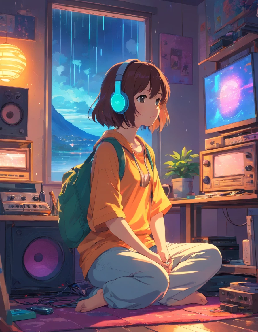 European Hippie Girl meditating in her room, dreaming, Wear headphones, night lights, Neon landscape on a rainy day, Analog Color Theme, Lo-Fi Hip Hop , retrospective, flat, 2.5D ,Draw a line, Ink Drawing, Large slope, Watercolor painting, Goosch Colors, Studio Ghibli Style, Awesome colorful, Outer Ton, krautrock, lofi art,  70s style,Old texture, amplitude,psychedelic vibe, masterpiece, Tremendous technology,