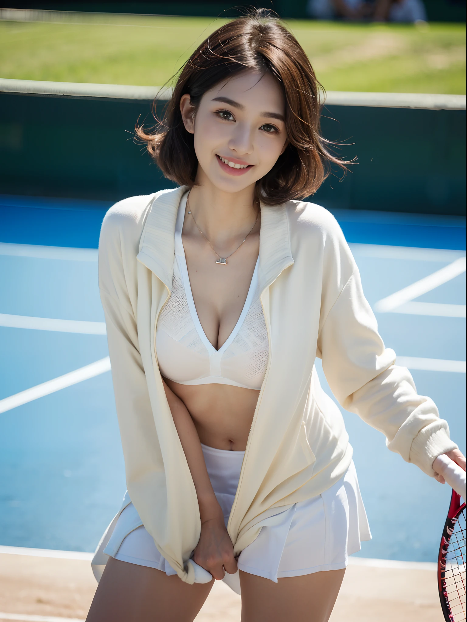 ((((top-quality))))、(((Ultra Precision CG16K Wallpapers)))、(((masterpiece)))、(((ultra-detailliert)))、(((Ultra-extreme details)))、One woman、a matural female、a 25yo woman、((Japanese face))、((extremely beautiful face))、((assist々Kiki:1.8))、((bob cuts:1.2))、(curly hair)、Bangs up to the eyebrows、Beautiful brown hair、Beautiful delicate eyes、Brown eyes、lofty nose、small nostrils、seductive lips、slightly open mouth、Beautiful breasts、C-cup size breasts、cleavage of the breast、Plump body、perfectly proportions、perfect anatomia、Beautiful and detailed shading、Beautiful natural lighting、Beautiful detail glow、depth of fields、(((a high chroma)))、((realisitic:1.9))、((Vivid:1.4))、((Beautiful skin))、((Skin texture))、((Realistic skin feeling))、perfect-composition、((cowboy shot))、((Angle of view from the front))、((a smile:1.2))、(Staring eyes)、Bright sunshine、((tennis coat:1.2))、(Background blur)、((White Tennis Wear:1.5))、(a necklace)、(耳Nipple Ring)、((beautiful thigh:1.5))、