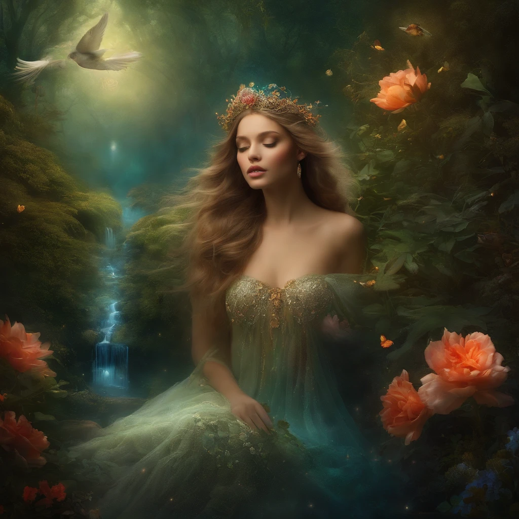 ethereal figures, vibrant colors, mysterious atmosphere, delicate brushwork, enchanted garden, celestial beings, floating elements, surreal landscapes, surreal creatures, dreamy lighting, intricate details, illusionary world, subconscious emotions, hidden symbolism, visual poetry, magical realism.