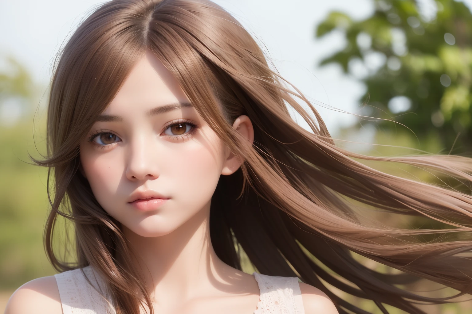 Best Quality, masutepiece,  (Realistic:1.2), 1 girl, Head of brown hair fluttering in the wind, Brown eyes,front, Detailed face, Beautiful eyes,