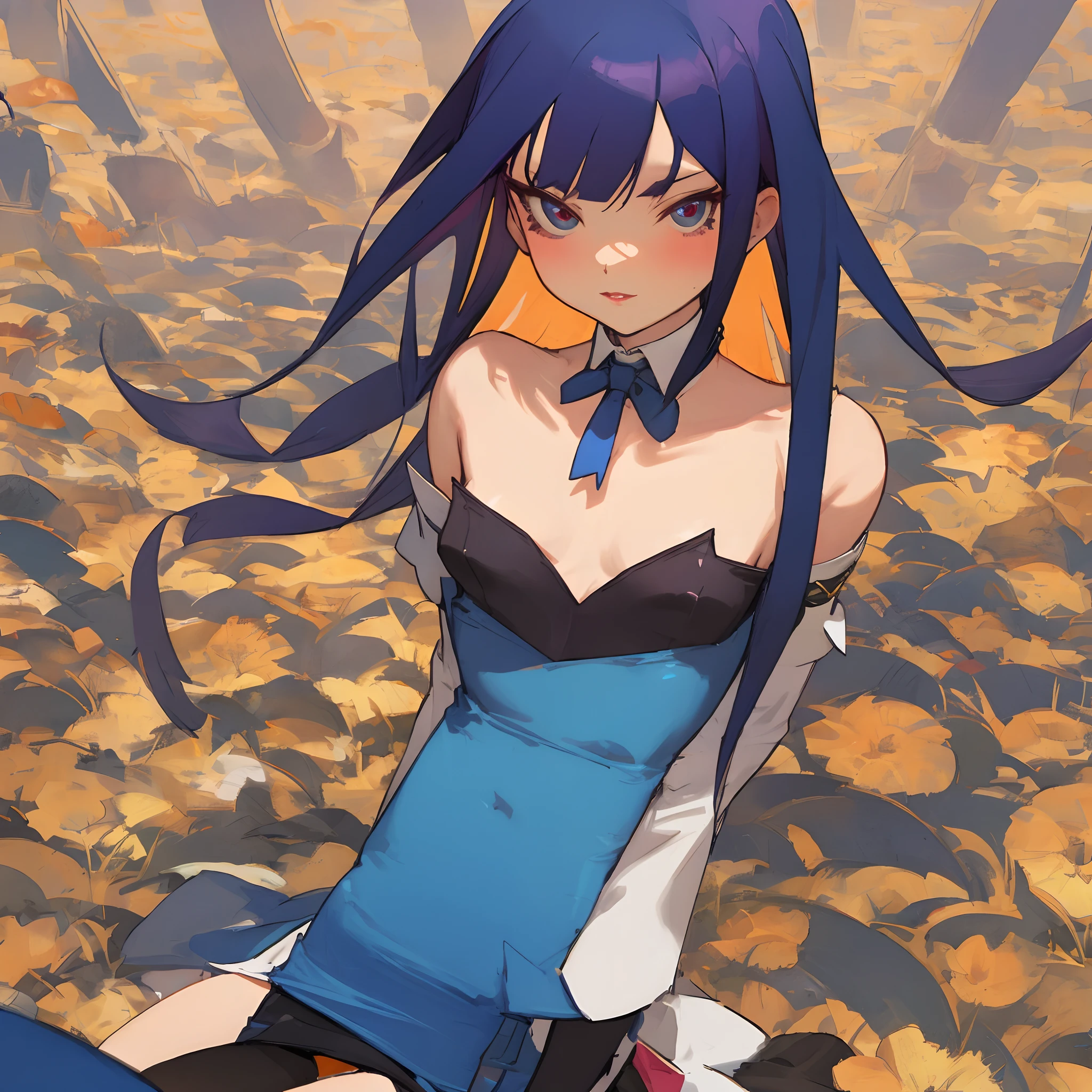 TheSpirit, floating hair ,((blue skin)),green eyes,navel, solo, beach, close up, blush,black skirt, SpiScho,very Long hair, fingernails, black stockings,fat black thighhighs, (insanely detailed, beautiful detailed face, masterpiece, best quality), spread legs, grab belly, ((black nylon crop top)),wide hip, fat belly