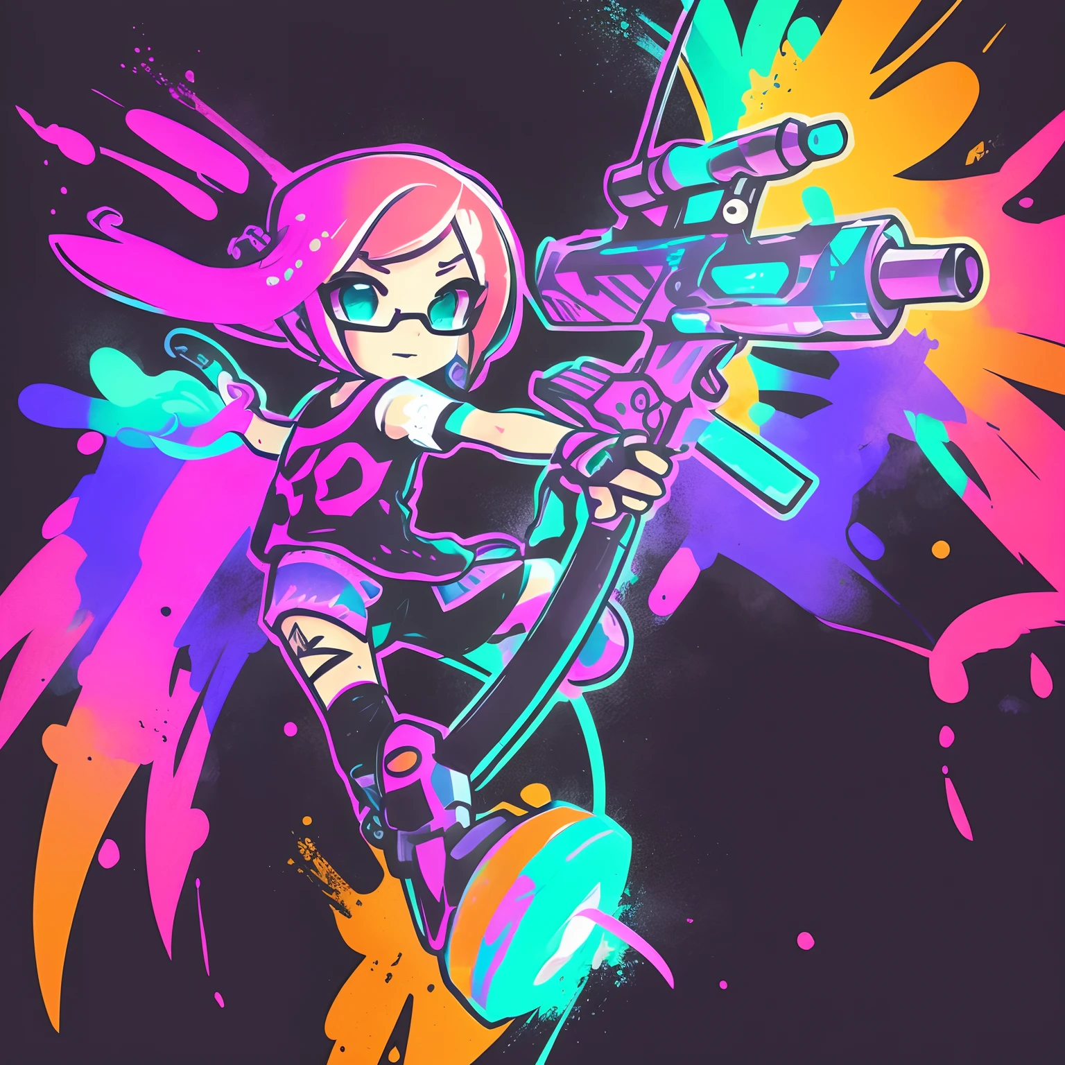 Drawing of a girl with a bow - a sling、with splatoon style, video game fanart, With a tattoo of a squid, Splatoon 3, high quality fan art, squid、hiquality、colourfull、Super fancy colorful splatter ink background、Halloween