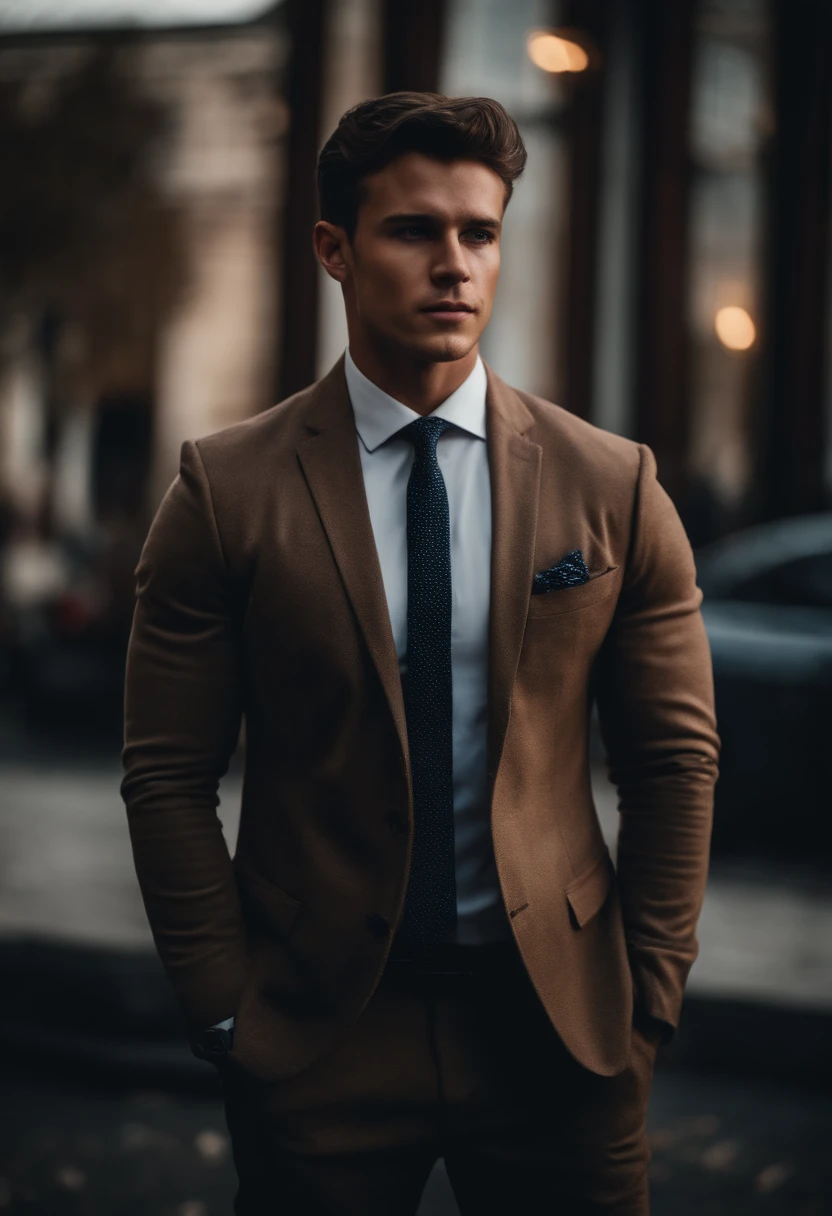 Portrait of a young man with a bit of muscle and brown hair, Dressed in a businessman style
