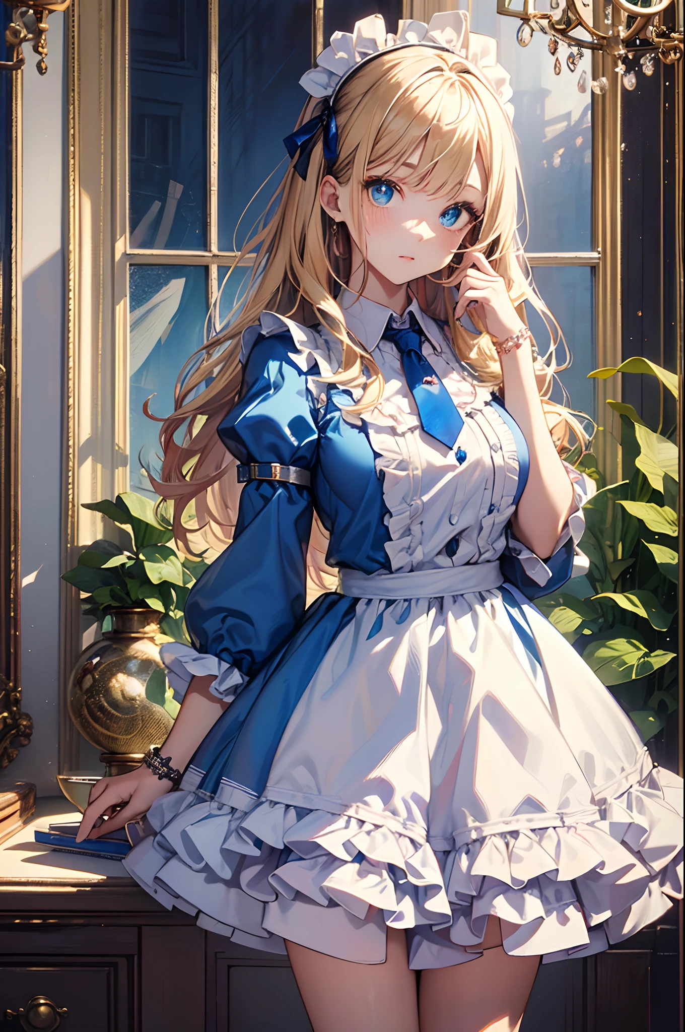 (Official art、Best Quality、Unity 8k Wallpapers、32K、​masterpiece、ultra-detailliert、超A high resolution)、Best Shadows、Fantastical、(Ultra-detailed and complex 3D rendering)、Detailed beautiful face and eyes、Sharp pupils、Realistic pupils、A slender、１Man Woman、Medium bust、(Full body:1.2)、 Highly detailed background、beauitful face、(super detailed skin、detailed skin textures:1.3)、((alice in the wonderland))、a blond、Tie your hair with a ribbon、Blue colored eyes、Blue Apron Dress、white sock、PlayingCards、Chasing rabbits、Pocket watch on the waist、