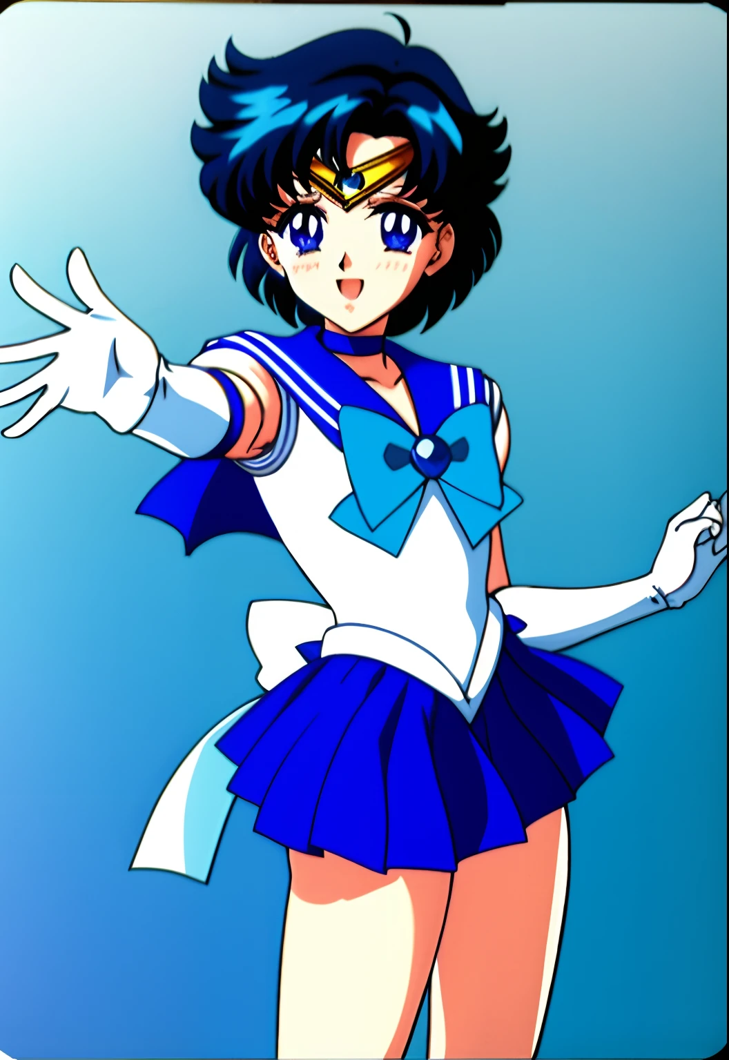 top-quality、​masterpiece、Anime Boy、Junior high school boys、gender change、gender change(Girls to boys)、solo、Sailor Senshi Uniform、Ami Mizuno、Sailor Mercury、white glove、elbowgloves、Blue choker、rating:safe、jewelry、Blue-eyed boy、Very short blue-haired boy、Blue sailor collar、Sky blue bow tie、耳Nipple Ring、skirt、bow、Magical Boy、White leotard、highleg leotard、robe blanche、looking_at_viewer、blue_bow、sky blue_bow、a blue skirt、Boy standing、covered_navel、closed_mouth、gradient_background、circlet、a miniskirt、pleatedskirt、gradient、back_bow、Bare shoulders、bare legs、collarbone、bangs、(1990's\(styles\):0.9)、