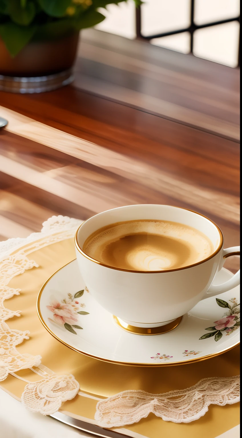 Coffee in a lovely gourmet cup, Good morning, Estampados florales, Daytime lighting, Flowers, gracefulness, sugar, coffee bean, Print flowers, Dessert, Lace, crystals, golden lines, professional, Realistic, Top quality, tmasterpiece, polka dot tablecloth, Full color, A pastry