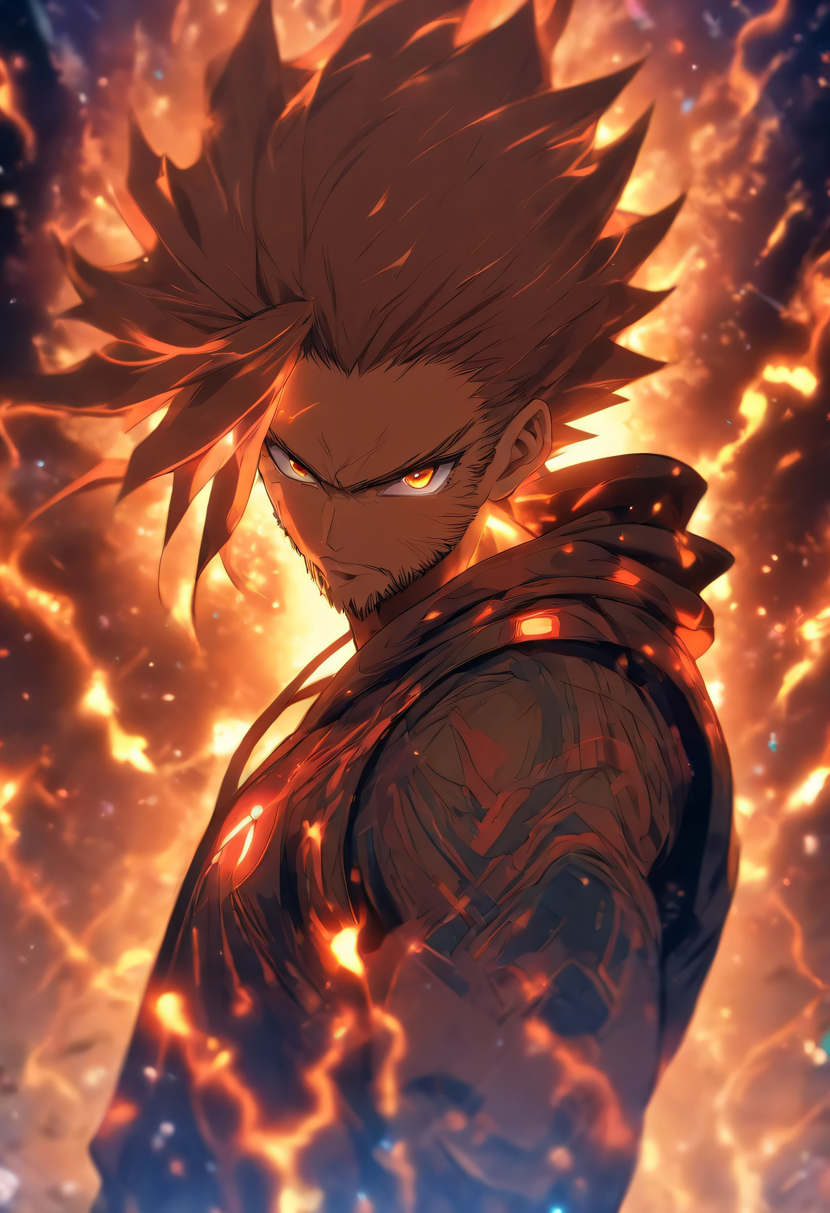 male with robotic arms wearing sleeveless hoodie, has brown eyes, brown ponytail, crackling energy, has light beard