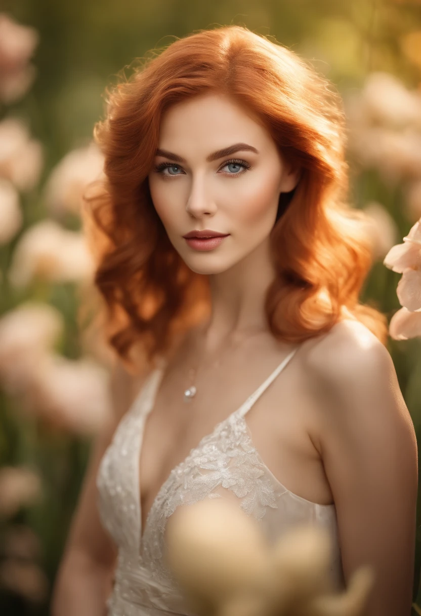 Realistic portrait, young woman, photo session, photographic studio, cinematic lighting, American portrait, vertical, professional camera, low-cut dress, dress with flowers, detailed image, redhead, soft makeup, coffee shop, high-definition image, ultra-high quality, Enhance skin texture for a natural and lifelike appearance, Add intricate details to the eyes, highlighting iris colors and reflections, Specify the desired level of skin retouching or airbrushing for a flawless yet natural look