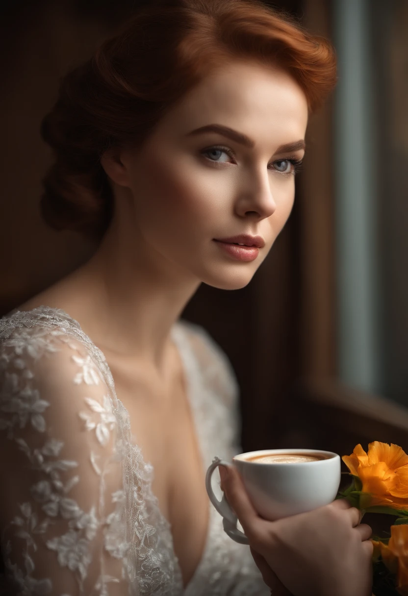 Realistic portrait, young woman, photo session, photographic studio, cinematic lighting, American portrait, vertical, professional camera, low-cut dress, dress with flowers, detailed image, redhead, soft makeup, coffee shop, high-definition image, ultra-high quality, Enhance skin texture for a natural and lifelike appearance, Add intricate details to the eyes, highlighting iris colors and reflections, Specify the desired level of skin retouching or airbrushing for a flawless yet natural look