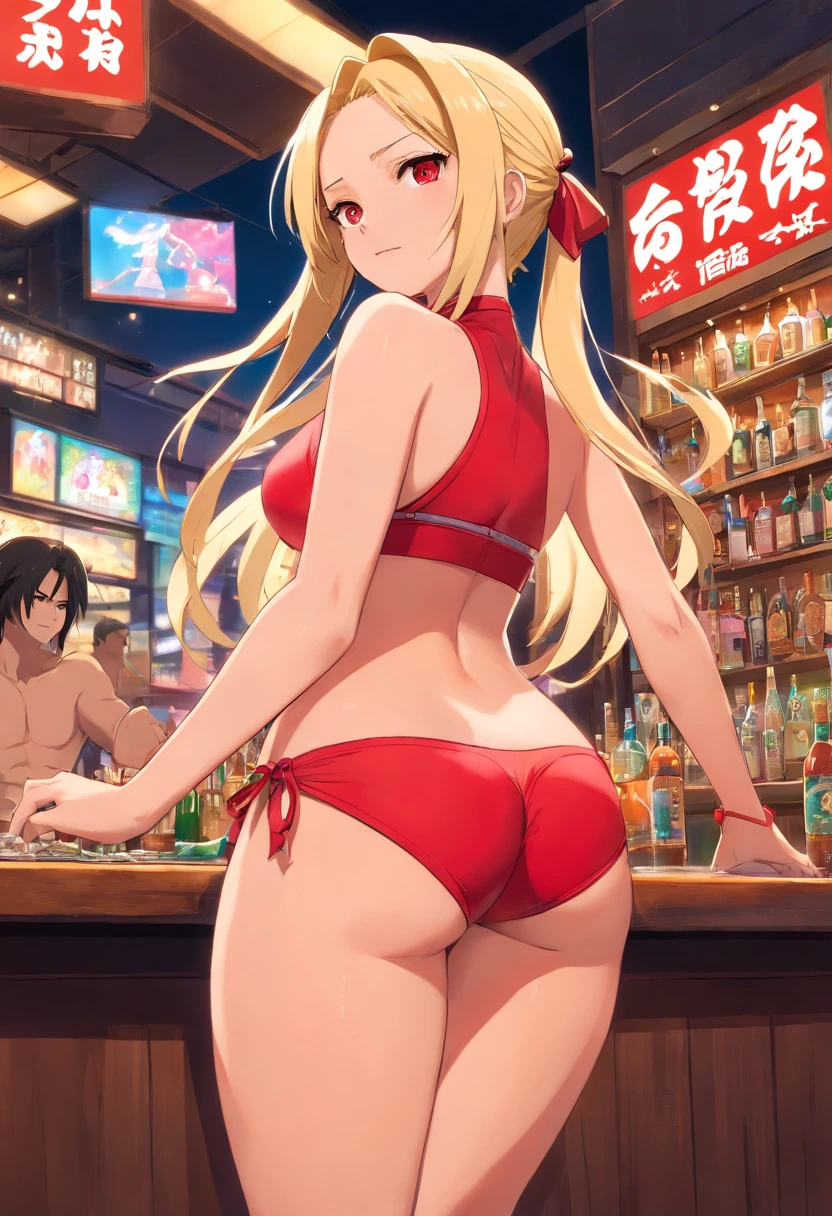 Tsunade from Naruto, red bikini, red thong, red heels, red lips, long blonde hair, double ponytail, very large breast, oppai, brown eyes, twerking, large buttocks, inside bar, infront of crowd, crowd throwing money, best quality, masterpiece