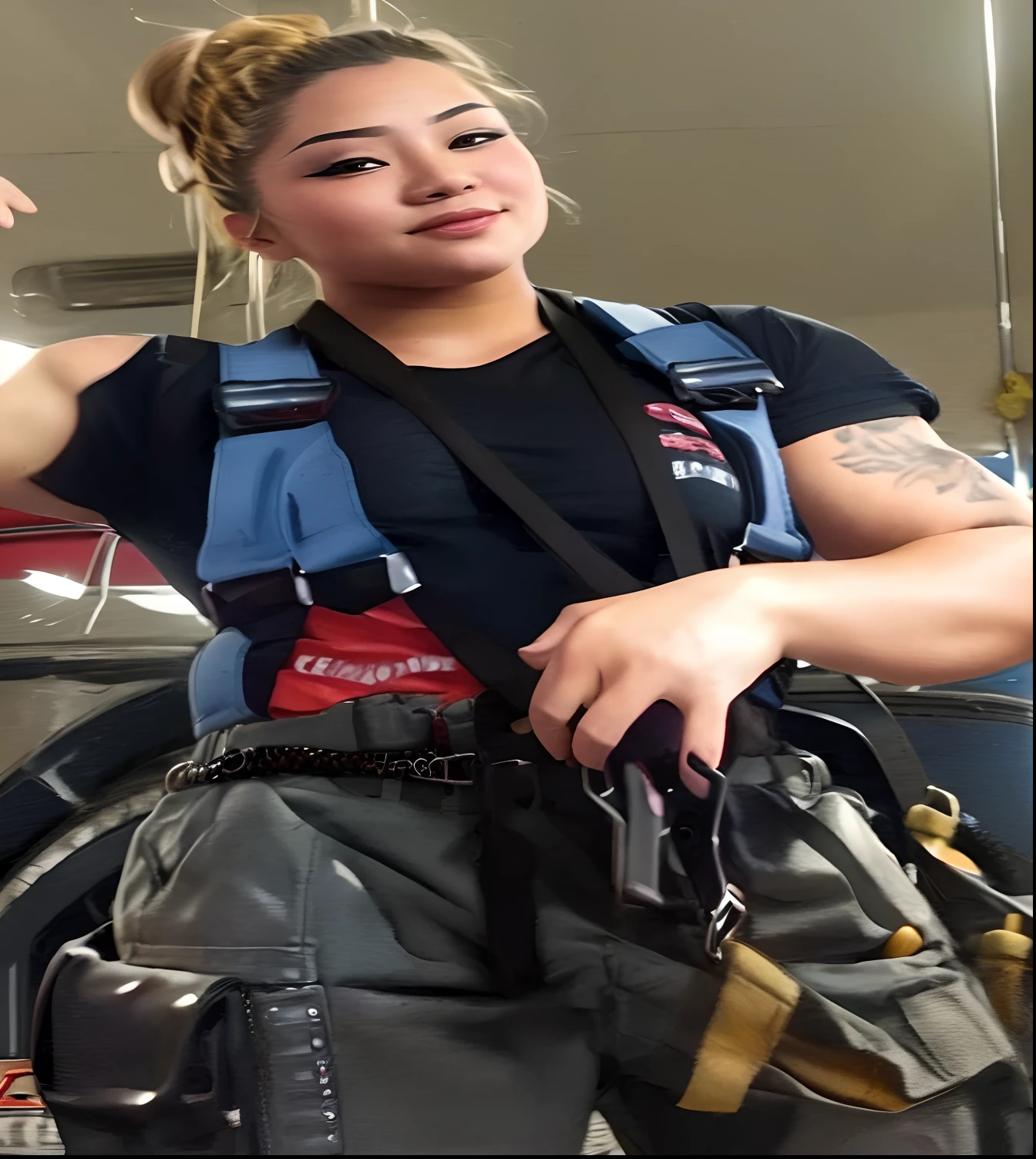 there is a hot thick muscular Asian American female firefighter, (sfw) safe for work, harnesses, tool belt, toolbelt, black short sleeve firefighter tshirt with fire department insignia printed on the top right chest wearing firefighter turnout pants with red and blue suspenders, holding tiny details showing off her muscles hot thick muscular body and curvy waistline and hips hot sexy arms hands and legs chubby cheeks and cute dimples beautiful smile and perfect teeth hot bubblegum lips beautiful eyebrows hot brown eyes and wearing less makeup and glitter blush hot golden blonde hair with hair buns