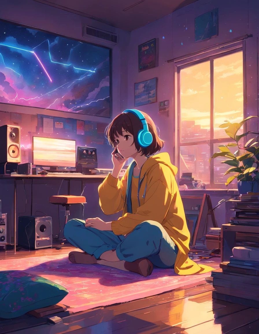 European Hippie Girl meditating in her room, dreaming, Wear headphones, night lights, Neon landscape on a rainy day, Analog Color Theme, Lo-Fi Hip Hop , retrospective, flat, 2.5D ,Draw a line, Ink Drawing, Large slope, Watercolor painting, Goosch Colors, Studio Ghibli Style, Awesome colorful, Outer Ton, krautrock, lofi art, 70s style,Old texture, amplitude,psychedelic vibe, masterpiece, Tremendous technology,