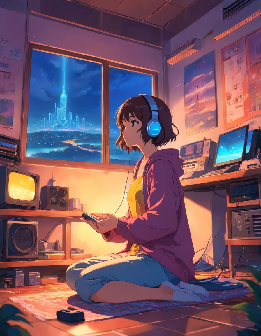 European Hippie Girl meditating in her room, dreaming, Wear headphones, night lights, Neon landscape on a rainy day, Analog Color Theme, Lo-Fi Hip Hop , retrospective, flat, 2.5D ,Draw a line, Ink Drawing, Large slope, Watercolor painting, Goosch Colors, Studio Ghibli Style, Awesome colorful, Outer Ton, krautrock, lofi art,  70s style,Old texture, amplitude,psychedelic vibe, masterpiece, Tremendous technology,