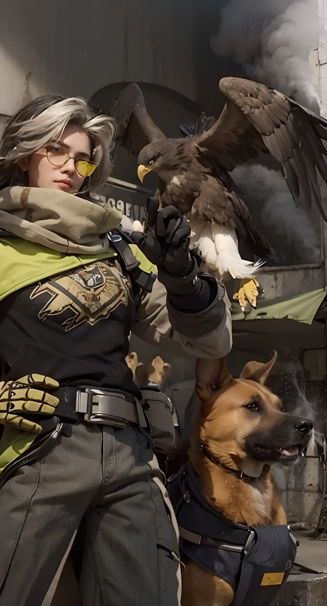 Real life adaption of this character, adult Handsome face,looking to viewer,realistic same white bland black hair,realistic battlefield background with black smoke, hyper realistic, realistic light, realistic shadow, realism,(photorealistic:1.2), (realistic same outfit), realistic same accecories , realistic same glasses, realistic same gloves, realistic same belt, realistic same eyepatch, realistic eagle, realistic dog