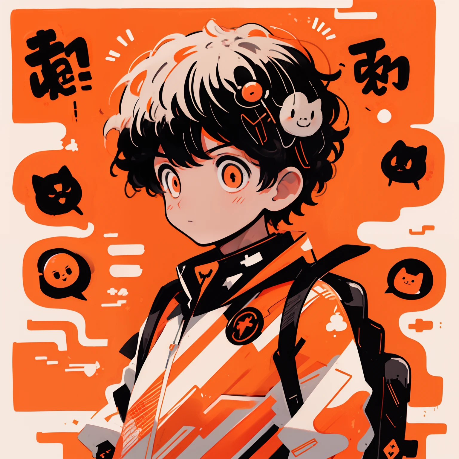 masutepiece, Best Quality,1boy, Solo, Black Mossari Head of Hair, football,  backpack, with light glowing,Orange and red on background,Sharpie Illustration