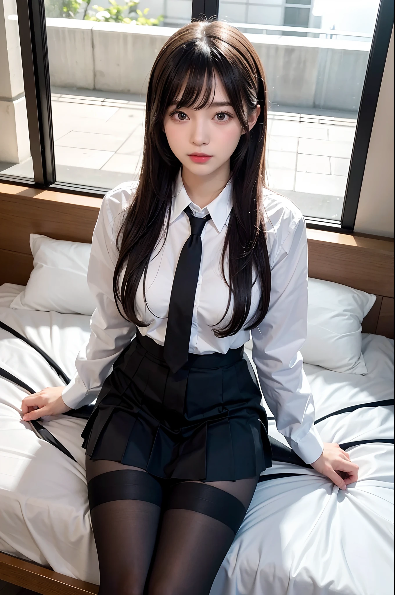 (​masterpiece:1.3), (8K, Photorealsitic, Raw photography, Top image quality: 1.4), Classy elite girl sitting on a park bench, Phenomenally cute face、wearing japanese school uniform, Wear ultra-realistic pantyhose、japanese girl school uniform, Japan school uniform, wearing headmistress uniform, Young Pretty Gravure Idol, photograph taken in 2 0 2 0, dressed as schoolgirl, Wearing school uniform, Wearing a strict business suit, Young skinny gravure idol, Seifuku、Full-length and black stockings, pantyhose tights, Complete legs, 19-year-old girl, 1 8 I, Posing in the bedroom, nylon tights, Leg and thigh shots, Posing in bed, wearing in stocking