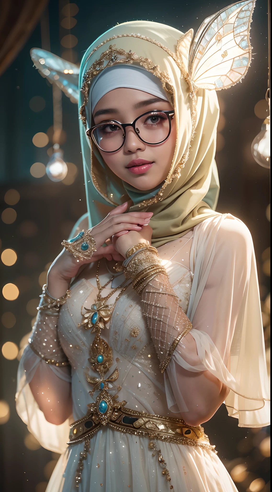 cowboy_pose,naughty, (iu:0.8),cleavage, RAW, Best quality, high resolution, Masterpiece: 1.3, Beautiful glasses pearl_skinned sexy hijabi javanese dressed as fairy in magical land with lights, Masterpiece, Soft smile