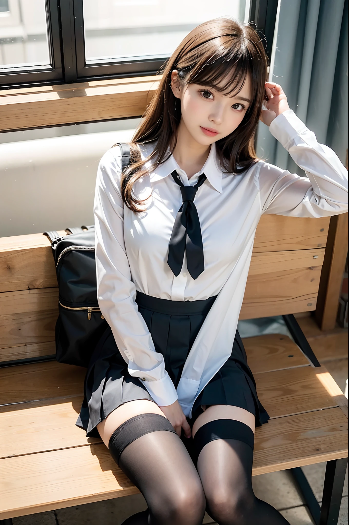 (​masterpiece:1.3), (8K, Photorealsitic, Raw photography, Top image quality: 1.4), Classy elite girl sitting on a park bench, Phenomenally cute face、wearing japanese school uniform, Wear ultra-realistic pantyhose、japanese girl school uniform, Japan school uniform, wearing headmistress uniform, Young Pretty Gravure Idol, photograph taken in 2 0 2 0, dressed as schoolgirl, Wearing school uniform, Wearing a strict business suit, Young skinny gravure idol, Seifuku、Full-length and black stockings, pantyhose tights, Complete legs, 19-year-old girl, 1 8 I, Posing in the bedroom, nylon tights, Leg and thigh shots, Posing in bed, wearing in stocking