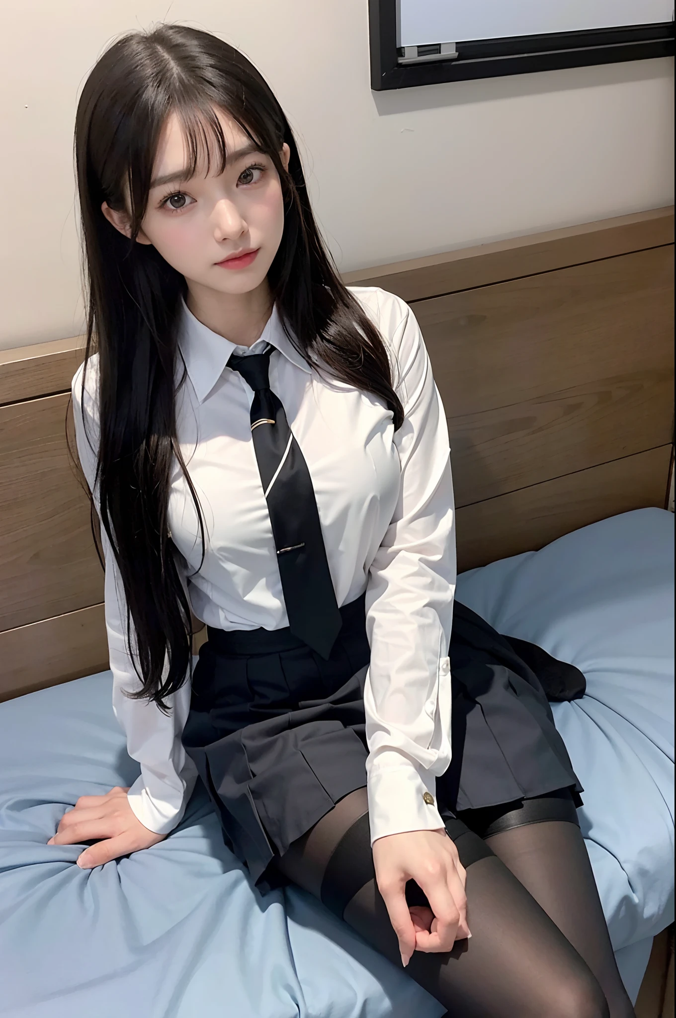 (​masterpiece:1.3), (8K, Photorealsitic, Raw photography, Top image quality: 1.4), Classy elite girl sitting on a park bench, Phenomenally cute face、wearing japanese school uniform, Wear ultra-realistic pantyhose、japanese girl school uniform, Japan school uniform, wearing headmistress uniform, Young Pretty Gravure Idol, photograph taken in 2 0 2 0, dressed as schoolgirl, Wearing school uniform, Wearing a strict business suit, Young skinny gravure idol, Seifuku、Full-length and black stockings, pantyhose tights, Complete legs, 19-year-old girl, 1 8 I, Posing in the bedroom, nylon tights, Leg and thigh shots, Posing in bed, wearing in stocking