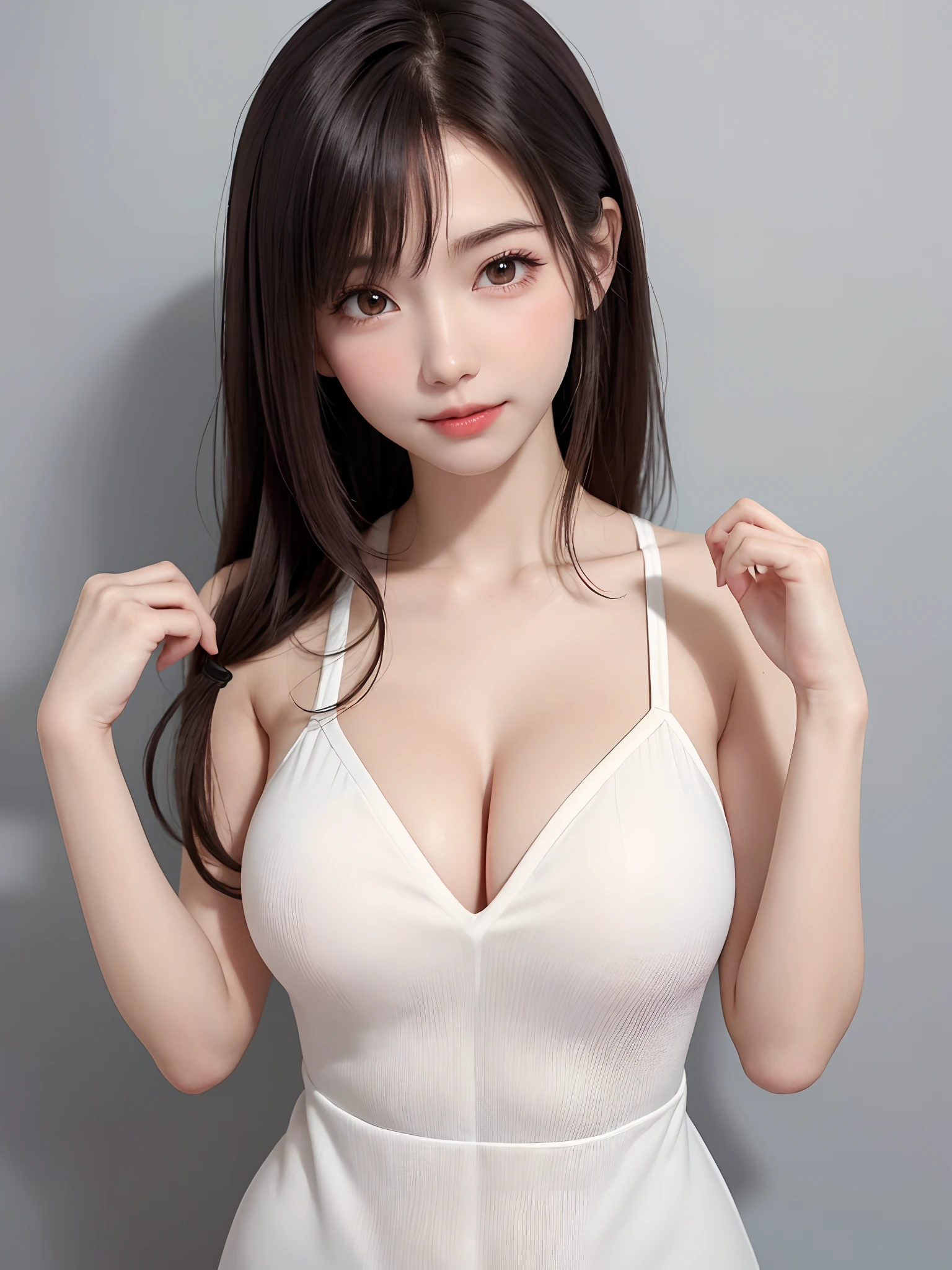 (NSFW、masuter piece、Best Quality、masutepiece、Top image quality、top-quality、extremely beautiful lady、Look firmly at the camera)、boldly open your crotch、Very beautiful big、very large udder、exposed breast、protruding areolas 、Emphasis on crotch cleft、(Very beautiful big)、portlate、Perfect Angle、Professional quality、hight resolution、perfect contrast、Perfect litthing、perfect-composition、perfect Waifu、(flawless skin、perfect hand、Perfect fingers、perfect chest、perfect hair)、(face perfect、For a beautiful face with symmetry、For a beautiful symmetrical body、A masterpiece of realistic facial features、long neck、Put your ears out)、a short bob、happily laughing、Happy smile、Clean teeth alignment、(Upper body naked、I'm not wearing anything、Nothing attached、Quite tall adult supermodel with long legs)、hime-cut、Short bob cut with clean bangs、the neck is long、neck long、a small face、Clean collarbone、Light in the eyes、face perfect、Perfect body、Perfect fingers、perfect arms、perfect hand、Smaller face、Golden Ratio Beauty Face、Look firmly at the camera:2.0、(Immaculate white background with nothing really、Really pure white blank background:2.0、Look firmly at the camera)、Perfect Anatomy、very large breast、Extra large breasts、very large neat chest:2.0、very large clean areolas,,,,:2.0、Extra large size、28 year old、adult appeal、cute little、spotless、smil、Smile really happily、lipgloss、neck long、Clean collarbone、beautiful decollete、Beautiful teeth、Beautiful teeth alignment、happy and smiling、(fold your arms behind head)、(10 head body)、(From slightly obliquely above:1.1)、(Dark purple costume:1.3)