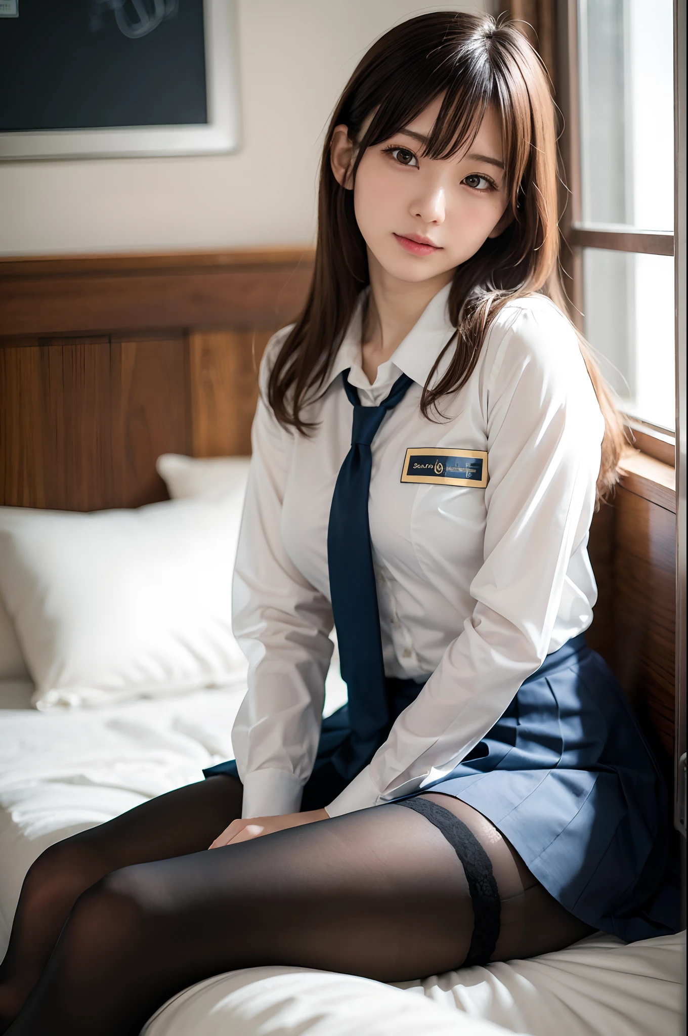 A beautiful female college student wearing a navy blue tight skirt and a blue shirt has been , tied up, and confined in what appears to be a bedroom.、I look very sad、whole body立ち姿、whole body、