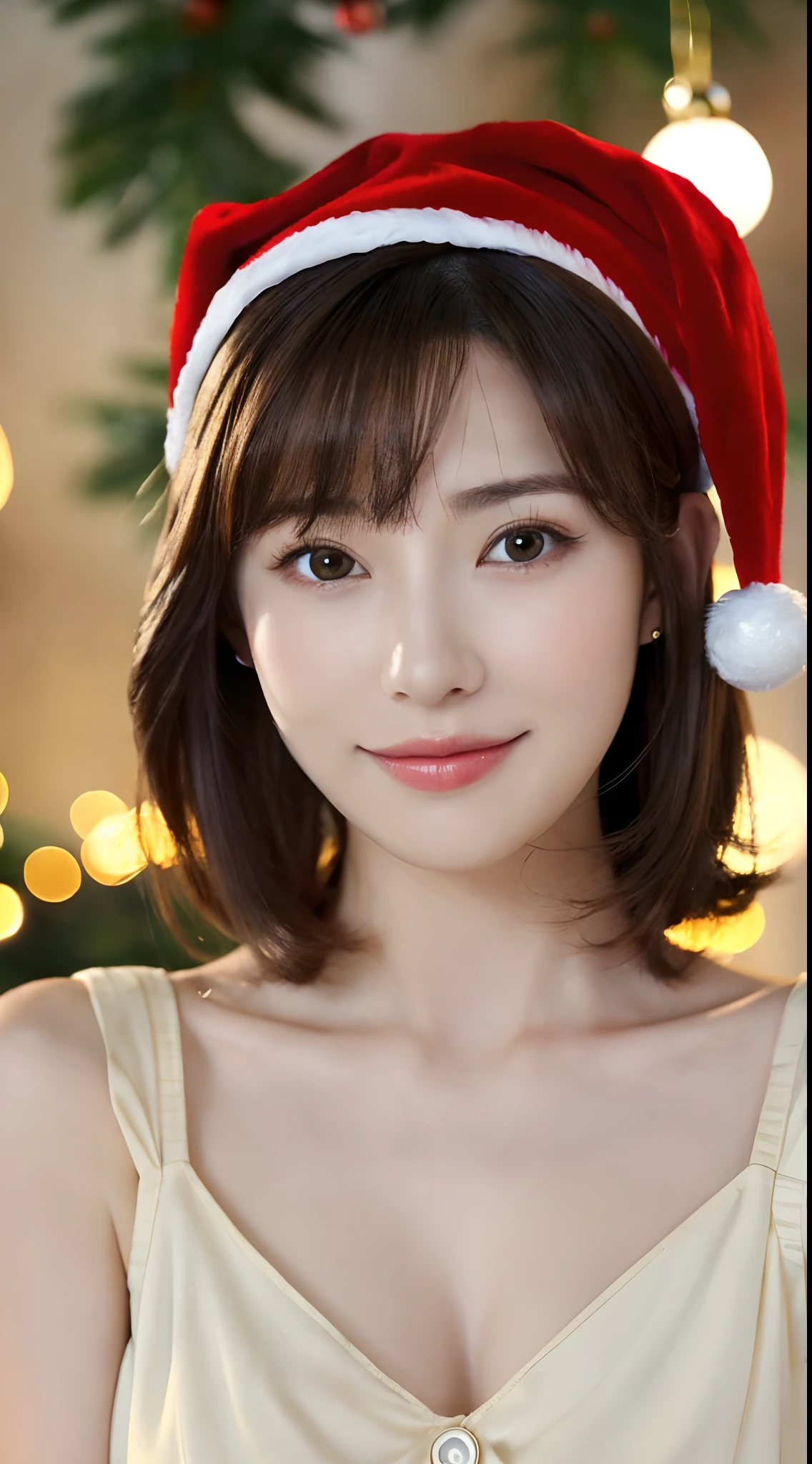 (The ultimate beautiful Japanese wife), 40 years old, (Well-shaped white teeth), Smiling with teeth showing, (Lips parted), Ultra detailed face, fine repig eyes:1.3), double eyelid, Very detailed目と顔, Beautifully detailed nose, Beautiful attention to detail, Long eyelashes, Light on the face, Short brunette hair, ((Huge breasts)), ((curve)), Thighs Thighs Thighs Thighs、(((red santa claus miniskirt costume))、(Cowboy Shot:1.4), Exactly, Depth of written boundary, Perfect Image Realism, ((background: Living room of a home decorated with Christmas lights and a large elaborate Christmas tree)), (Many gifts), absurdes, Soft Light, Delicate background, Detailed costume, Perfect lighting、Hyperrealism、Photorealistic、Maximum resolution 8K, (masterpiece), Very detailed, Professional