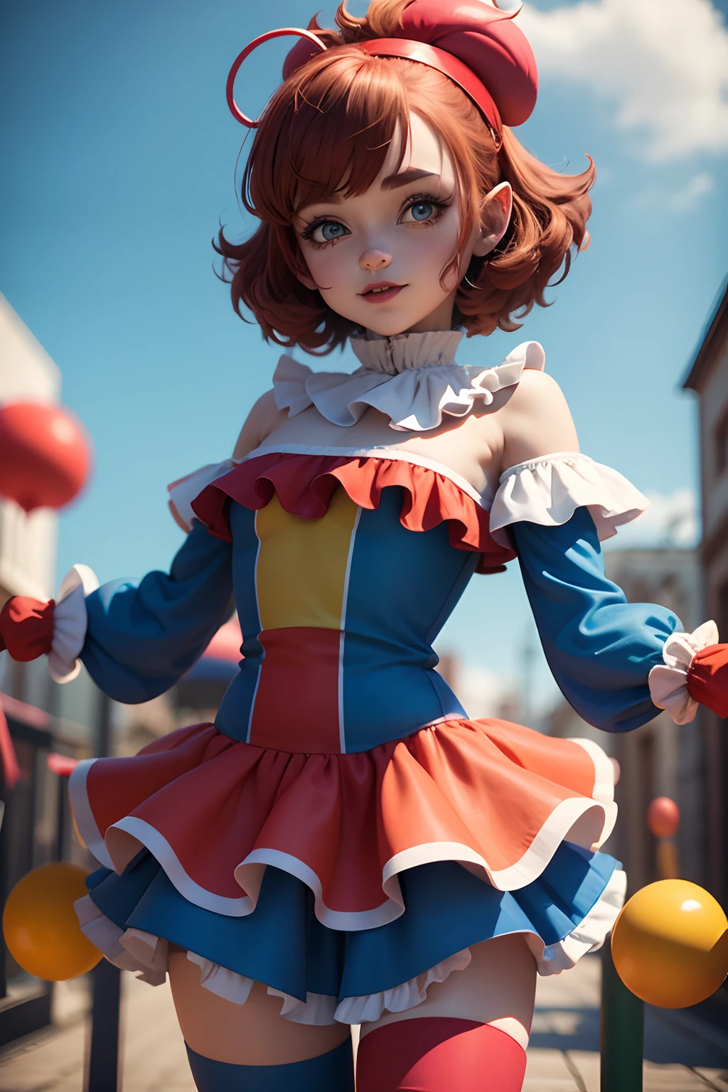 clown girl pomni, brown hair, red and blue eyes, red and blue outfit with round shoulders and thighs, and yellow balls in short, cartoon character of a clown and a red and blue outfit in short, cutecore clowncore, y 2 k cutecore clowncore, jester themed, animation character, clown girl, 3d animated, 3 d animated, jester, toonix character, cartoonish cute, 3d character, 3 d character, medieval jester, highly rendered!!, creepy clown girl