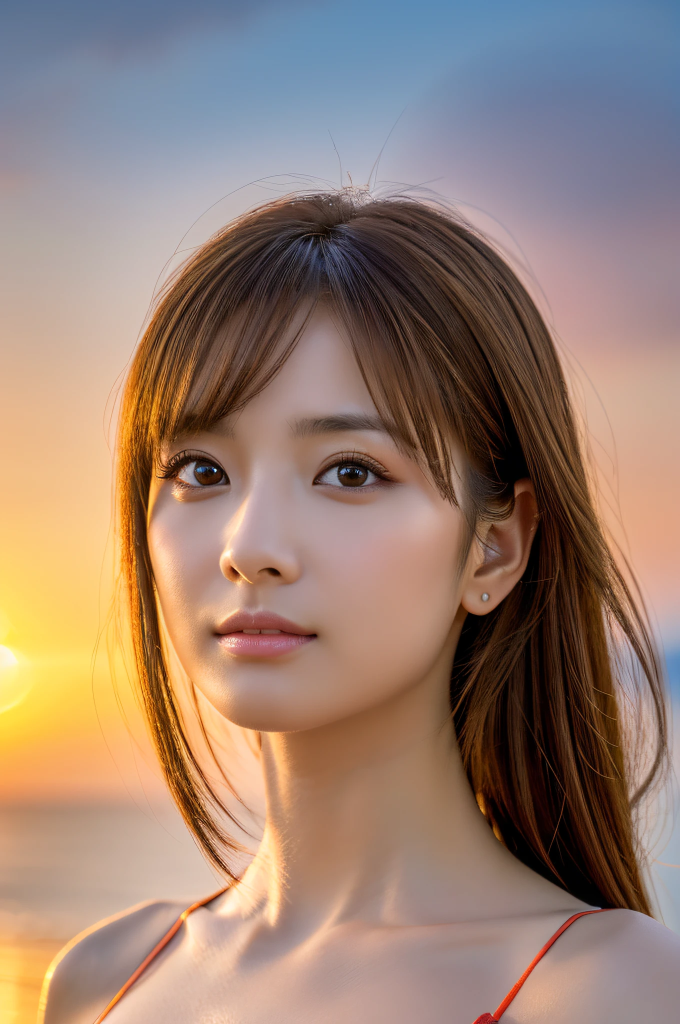photo realistic, (Generate an image using the yayoi_mix MODEL) ,photo realistic, of the highest quality, (masutepiece:1.3), (8K, Photorealistic, Raw photo, Best Quality: 1.4), Japanese, (1girl in), Beautiful face, (Realistic face), (light brown hair), Beautiful hairstyle, Realistic eyes, Beautiful detailed eyes, (Realistic skin), Beautiful skin, Attractive, High resolution, Hyper-realistic, Highly detailed, Golden ratio, (Sony Alpha 1, 50.1 megapixel full-frame CMOS sensor), (telephoto lens), (Realistic), (High resolution, Best Quality, masutepiece:1.2), Ultra-detailed, beautifull detailed face, FULL ANATOMY, (Beautiful detailed eyes:1.3), Extremely delicate and beautiful, Extremely detailed, Unity, 8K Wallpaper, amazing, finely detail, Ultra-detailed, High resolution, Extremely detailed, extremely detailed eye and face, ((Colorful micro bikini:1.1)), [Ponytail], (huge-breasted, cleavage:1.1), (Sunset beach),