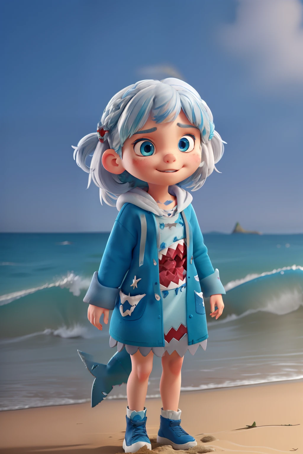 Masterpiece, best quality, intricate details, 1girl, white hair, blue eyes, sharp eyes,messy hair, blue highlights, sharp teeth, blue hoodie, shark teeth design, standing, hair ornament, gawr gura, shark girl, shark tail, shark print, blue hoodie, sharp teeth, animal hood, shark hair ornament, beach background, Disney Pixar style