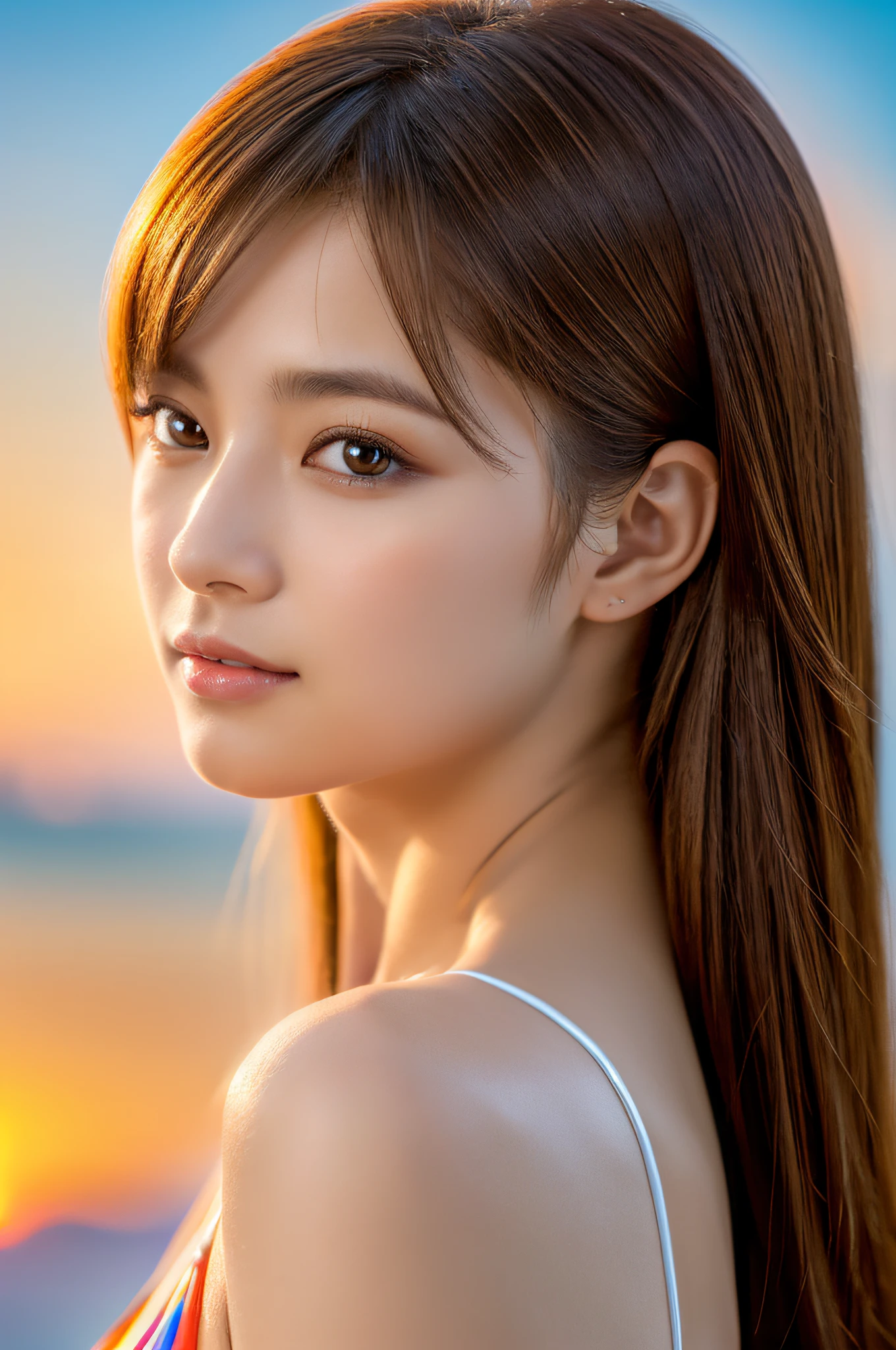 photo realistic, (Generate an image using the yayoi_mix MODEL) ,photo realistic, of the highest quality, (masutepiece:1.3), (8K, Photorealistic, Raw photo, Best Quality: 1.4), Japanese, (1girl in), Beautiful face, (Realistic face), (light brown hair), Beautiful hairstyle, Realistic eyes, Beautiful detailed eyes, (Realistic skin), Beautiful skin, Attractive, High resolution, Hyper-realistic, Highly detailed, Golden ratio, (Sony Alpha 1, 50.1 megapixel full-frame CMOS sensor), (telephoto lens), (Realistic), (High resolution, Best Quality, masutepiece:1.2), Ultra-detailed, beautifull detailed face, FULL ANATOMY, (Beautiful detailed eyes:1.3), Extremely delicate and beautiful, Extremely detailed, Unity, 8K Wallpaper, amazing, finely detail, Ultra-detailed, High resolution, Extremely detailed, extremely detailed eye and face, ((Colorful micro bikini:1.1)), [Ponytail], (huge-breasted, cleavage:1.1), (Sunset beach),
