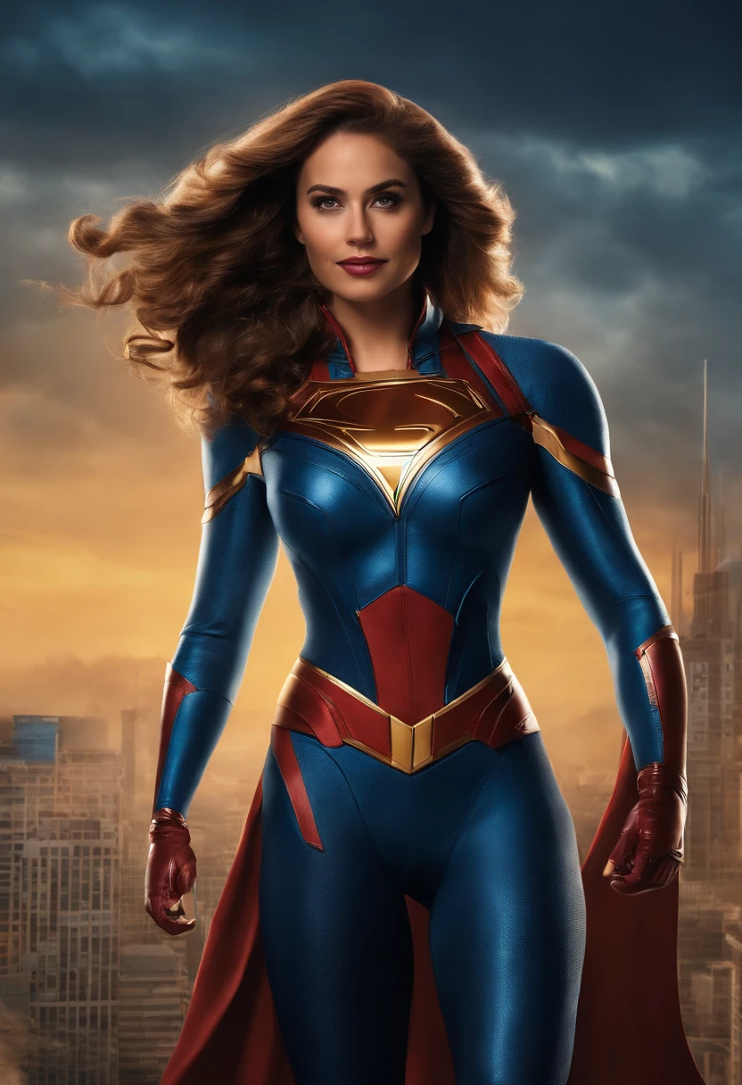 Create a realistic illustration of a unique and powerful superheroine. It should be inspiring and represent strength, courage and determination. Imagine a character with extraordinary abilities and a distinctive costume with two "ss" como simbolo que reflete sua personalidade e poderes. Detail the appearance of the superheroine, com cabelos claros, olhos castanhos claros, A confident smile and cheerful expression. Levante-a na frente, destacando sua postura heroica. No fundo, Create a scenario that represents an advanced Internet technology environment. It could be a high-tech lab or a modern cityscape. Be sure to incorporate elements that highlight the scene of detail to convey the idea that this superheroine is ready to take on challenges in a virtual world driven by digital technology. A paleta de cores deve ser vibrante e futurista utilizando azul, amarelo, dourado, adding a touch of modernity to the presence of IT technology, Like a futuristic office, holograms or innovative technological devices. compositing. Emphasis on the interaction between the superheroine and the technological environment around her, creating a captivating visual narrative that underscores their heroic mission in this modern context.