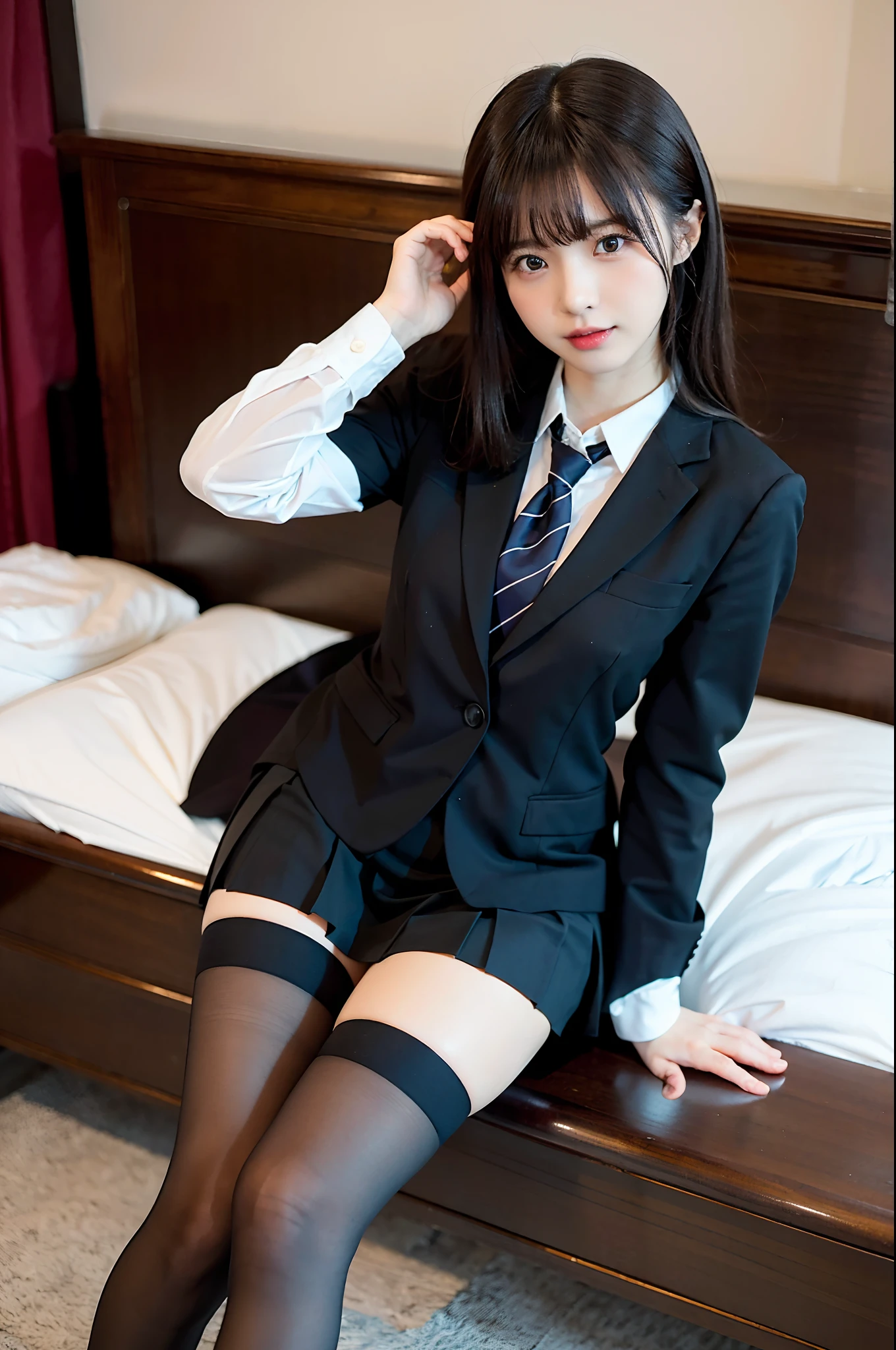 (​masterpiece:1.3), (8K, Photorealsitic, Raw photography, Top image quality: 1.4), Classy elite girl sitting on a park bench, Phenomenally cute face、wearing japanese school uniform, Wear ultra-realistic pantyhose、japanese girl school uniform, Japan school uniform, wearing headmistress uniform, Young Pretty Gravure Idol, photograph taken in 2 0 2 0, dressed as schoolgirl, Wearing school uniform, Wearing a strict business suit, Young skinny gravure idol, Seifuku、Full-length and black stockings, pantyhose tights, Complete legs, 19-year-old girl, 1 8 I, Posing in the bedroom, nylon tights, Leg and thigh shots, Posing in bed, wearing in stocking