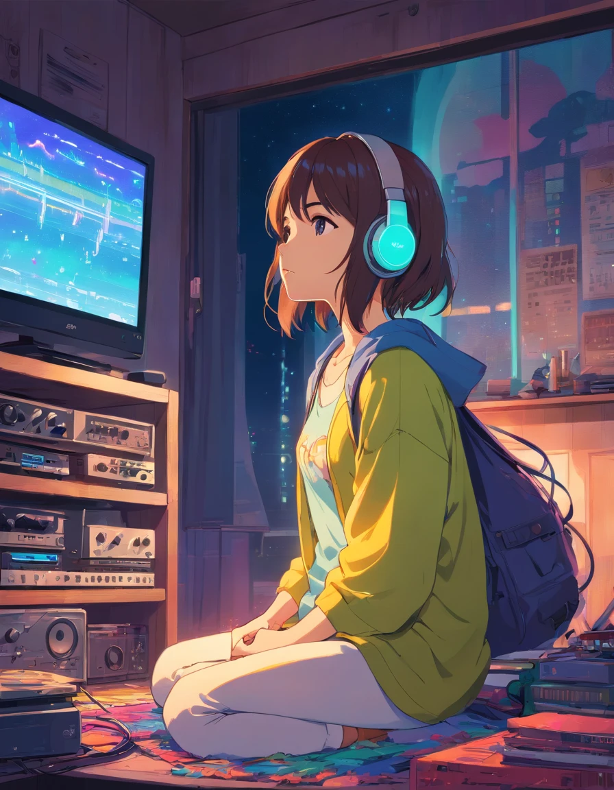 European Hippie Girl meditating in her room, dreaming, Wear headphones, night lights, Neon landscape on a rainy day, Analog Color Theme, Lo-Fi Hip Hop , retrospective, flat, 2.5D ,Draw a line, Ink Drawing, Large slope, Watercolor painting, Goosch Colors, Studio Ghibli Style, Awesome colorful, Outer Ton, krautrock, lofi art, 70s style,Old texture, amplitude,psychedelic vibe, masterpiece, Tremendous technology,