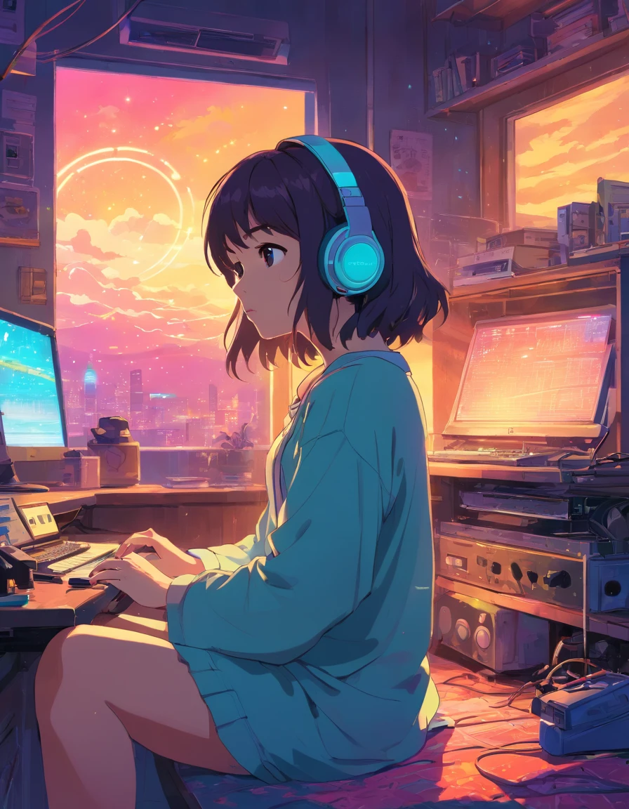 European Hippie Girl meditating in her room, dreaming, Wear headphones, night lights, Neon landscape on a rainy day, Analog Color Theme, Lo-Fi Hip Hop , retrospective, flat, 2.5D ,Draw a line, Ink Drawing, Large slope, Watercolor painting, Goosch Colors, Studio Ghibli Style, Awesome colorful, Outer Ton, krautrock, lofi art, 70s style,Old texture, amplitude,psychedelic vibe, masterpiece, Tremendous technology,