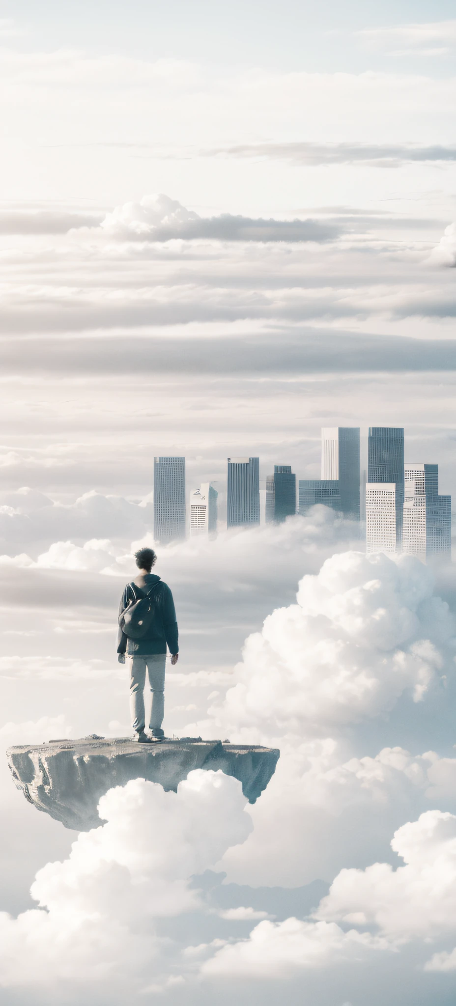There was a man standing on a rock,looking at the city below, city in the clouds, Tumbling clouds, a city in the clouds, floating city on clouds, overlooking a modern city, Standing in the clouds, floating lands in-clouds, City in the Sky, walking on top of a tiny city, Floating city in the sky, walking above the clouds and fog