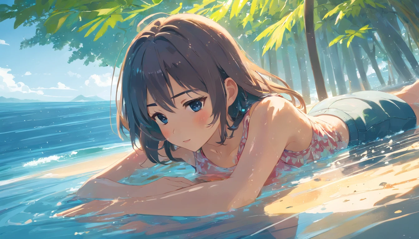 (Best Quality, 8K, masutepiece :1.3),((beautiful boob,Colored leaves,Dynamic Poses,flat chest,a white bikini,Sheer swimsuit)),Highly detailed,(Sweat, Water droplets on the body),outdoor bath