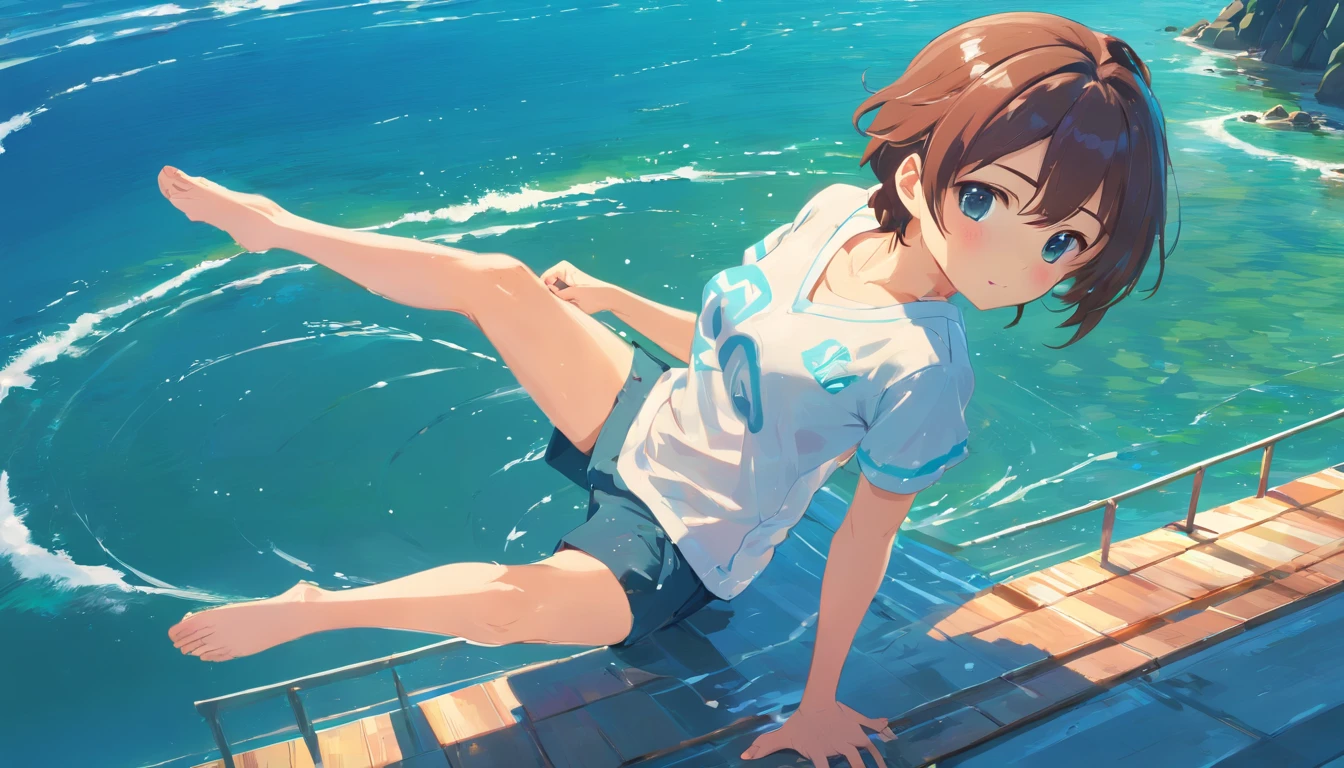 ((solo)), (Very high quality, 8k unity wallpapers, ray tracing, illustration, delicate details, surreal 1.3), Surreal, very detailed light reflection, noon, amazing Pacific island beach, (view from top to bottom 1.4), Floating on the water, arms submerged in the water, crossed legs submerged in the water, woman with beautiful detailed features, wet bright t-shirt, detailed long hair, eyes closed, calm expression, (wide view 1.2) (perfect hands, fingers , toe1.3)