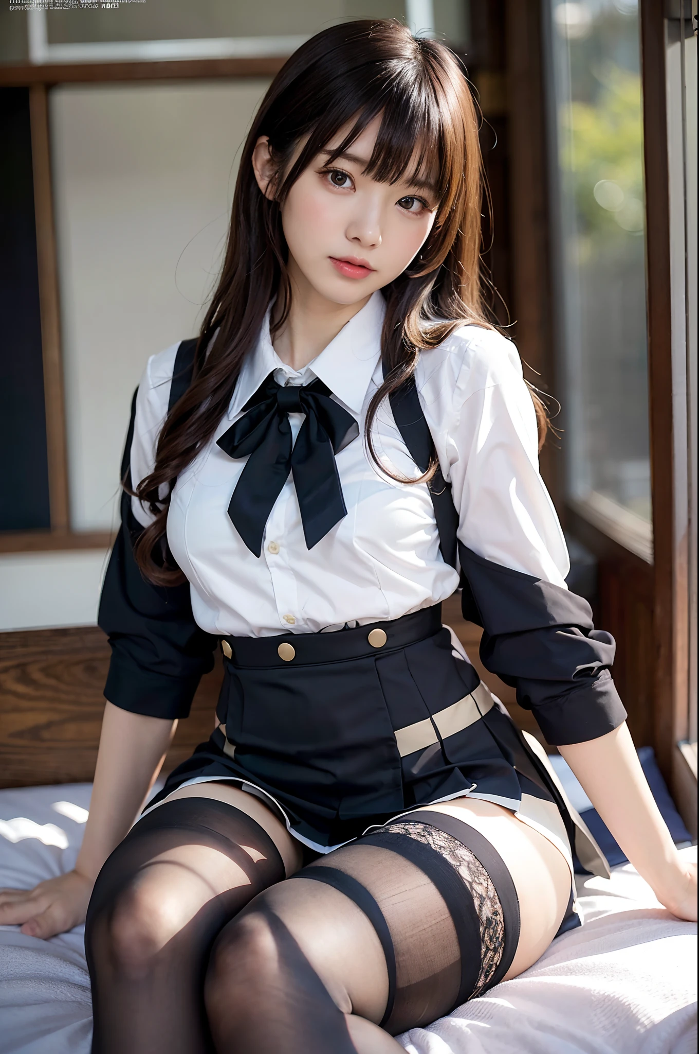 (​masterpiece:1.3), (8K, Photorealsitic, Raw photography, Top image quality: 1.4), Classy elite girl sitting on a park bench, Phenomenally cute face、wearing japanese school uniform, Wear ultra-realistic pantyhose、japanese girl school uniform, Japan school uniform, wearing headmistress uniform, Young Pretty Gravure Idol, photograph taken in 2 0 2 0, dressed as schoolgirl, Wearing school uniform, Wearing a strict business suit, Young skinny gravure idol, Seifuku、Full-length and black stockings, pantyhose tights, Complete legs, 19-year-old girl, 1 8 I, Posing in the bedroom, nylon tights, Leg and thigh shots, Posing in bed, wearing in stocking