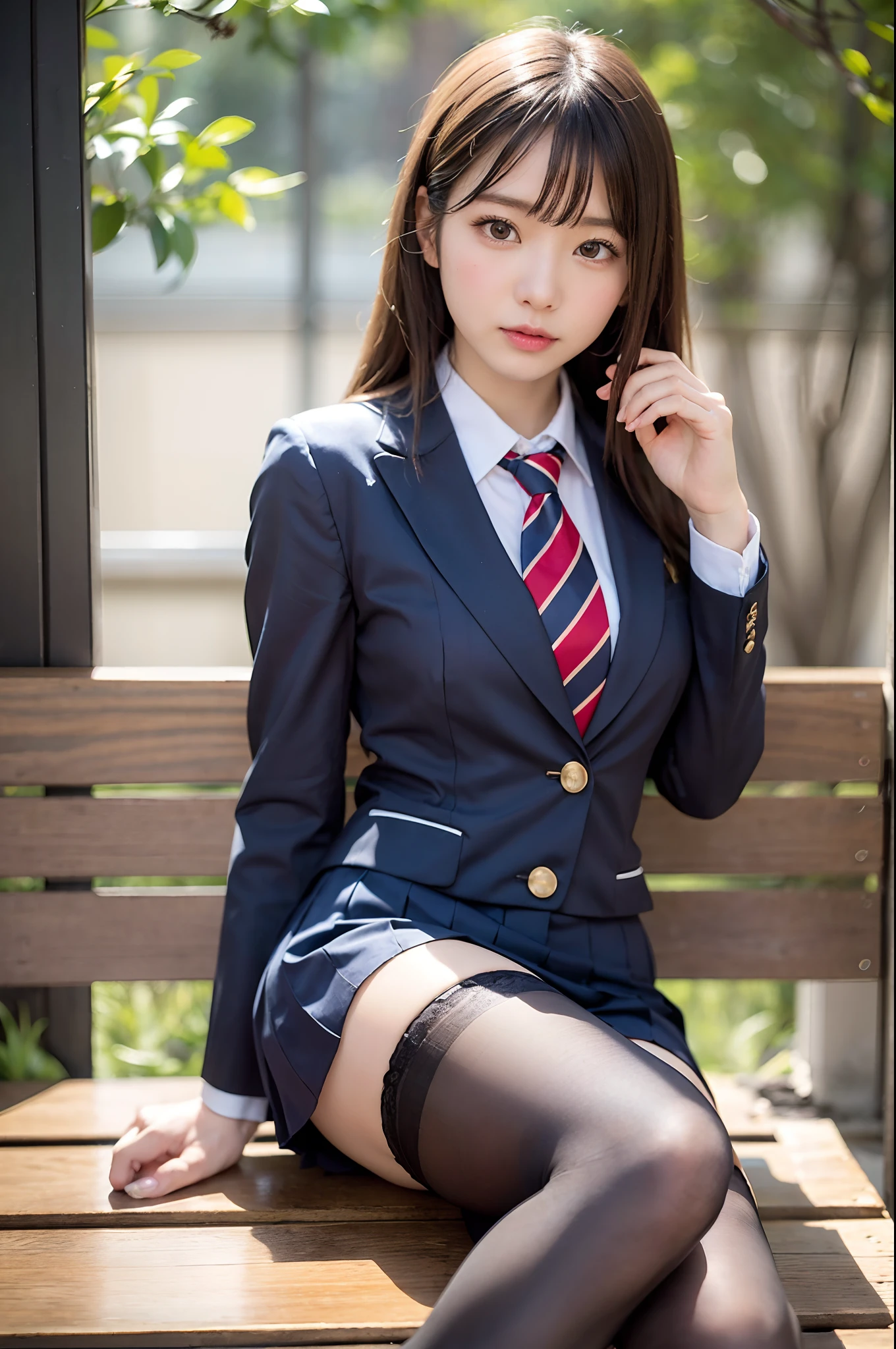 (​masterpiece:1.3), (8K, Photorealsitic, Raw photography, Top image quality: 1.4), Classy elite girl sitting on a park bench, Phenomenally cute face、wearing japanese school uniform, Wear ultra-realistic pantyhose、japanese girl school uniform, Japan school uniform, wearing headmistress uniform, Young Pretty Gravure Idol, photograph taken in 2 0 2 0, dressed as schoolgirl, Wearing school uniform, Wearing a strict business suit, Young skinny gravure idol, Seifuku、Full-length and black stockings, pantyhose tights, Complete legs, 19-year-old girl, 1 8 I, Posing in the bedroom, nylon tights, Leg and thigh shots, Posing in bed, wearing in stocking