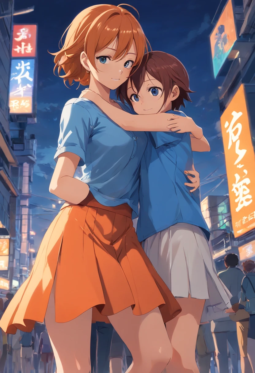 NFSW masterpiece, nami from one piece. Wearing blue shirt and orange skirt hugs her son