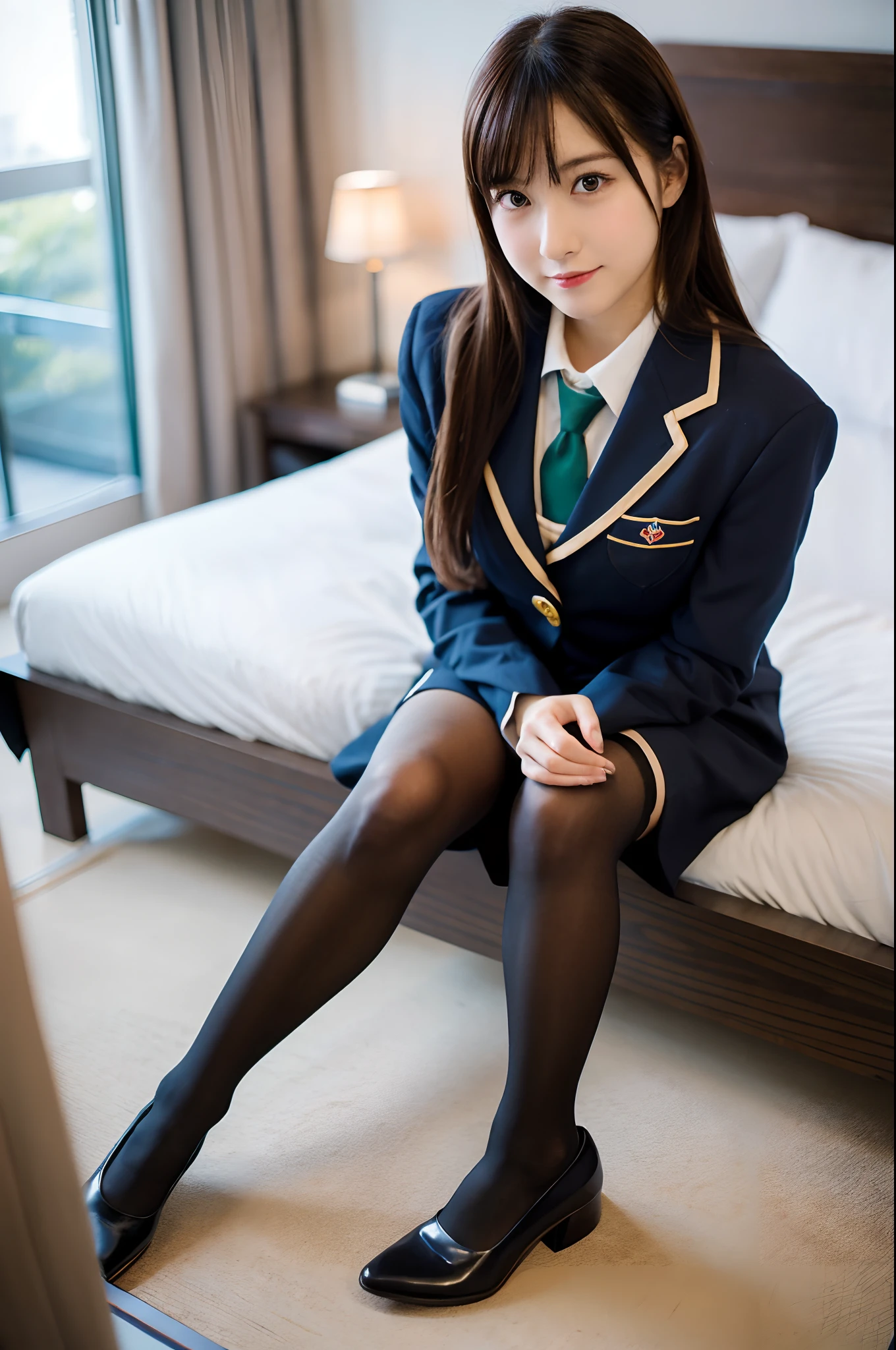 ulzzang-6500-v1.1, (Raw photo:1.2), (Photorealistic:1.4), beautiful detailed girl, very detailed eyes and face, beautiful detailed eyes, very detailed, high resolution, very detailed, best quality, masterpiece, chemomimi, ((Japanese girls' high school uniform)), illustration, very detailed, CG, unified, 8k wallpaper, amazing, delicate detail, masterpiece, best quality, highly detailed CG uniform 8k wallpaper, lighting on the face, cinematic lighting, 1 girl, , ((no panties)), (((dynamic pose))),  (camel toe), (half), (pantyhose), (knee-bending leg sit))