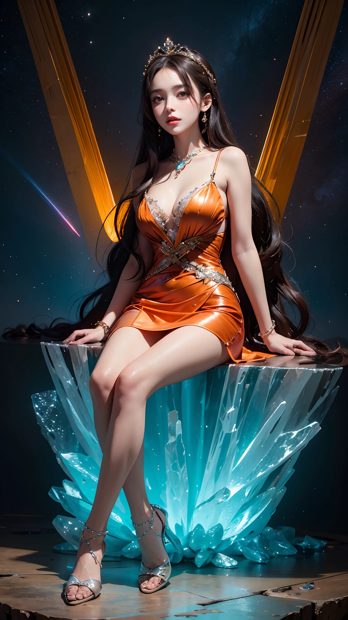 8K ultra hd, masterpiece, best quality, a beautiful girl, long hair, impressive hairstyle, crystal dress, orange dress, (shining:1.2), glowing skin, disco lighting, space background, sitting poses,