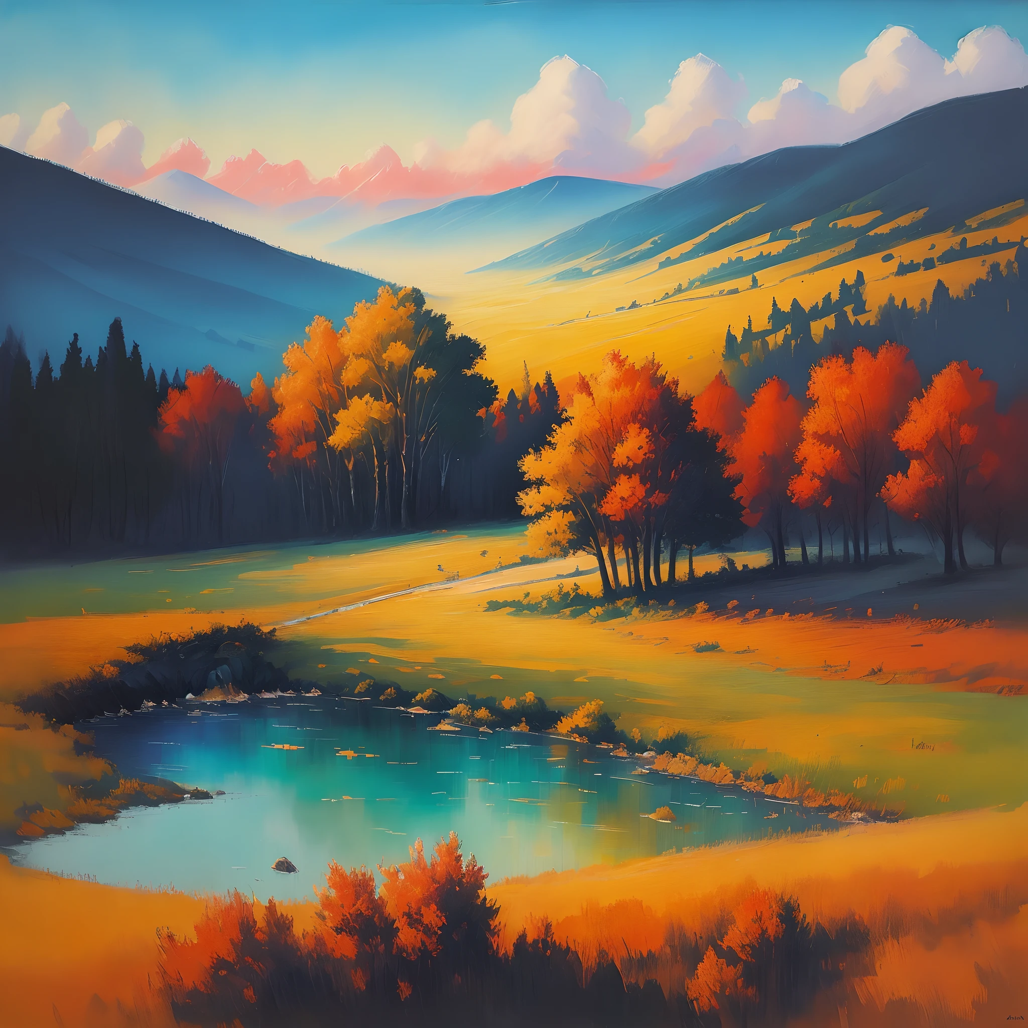 Paint a landscape in the style of Post- Impressionism, with bold colors and expressive brushstrokes.
