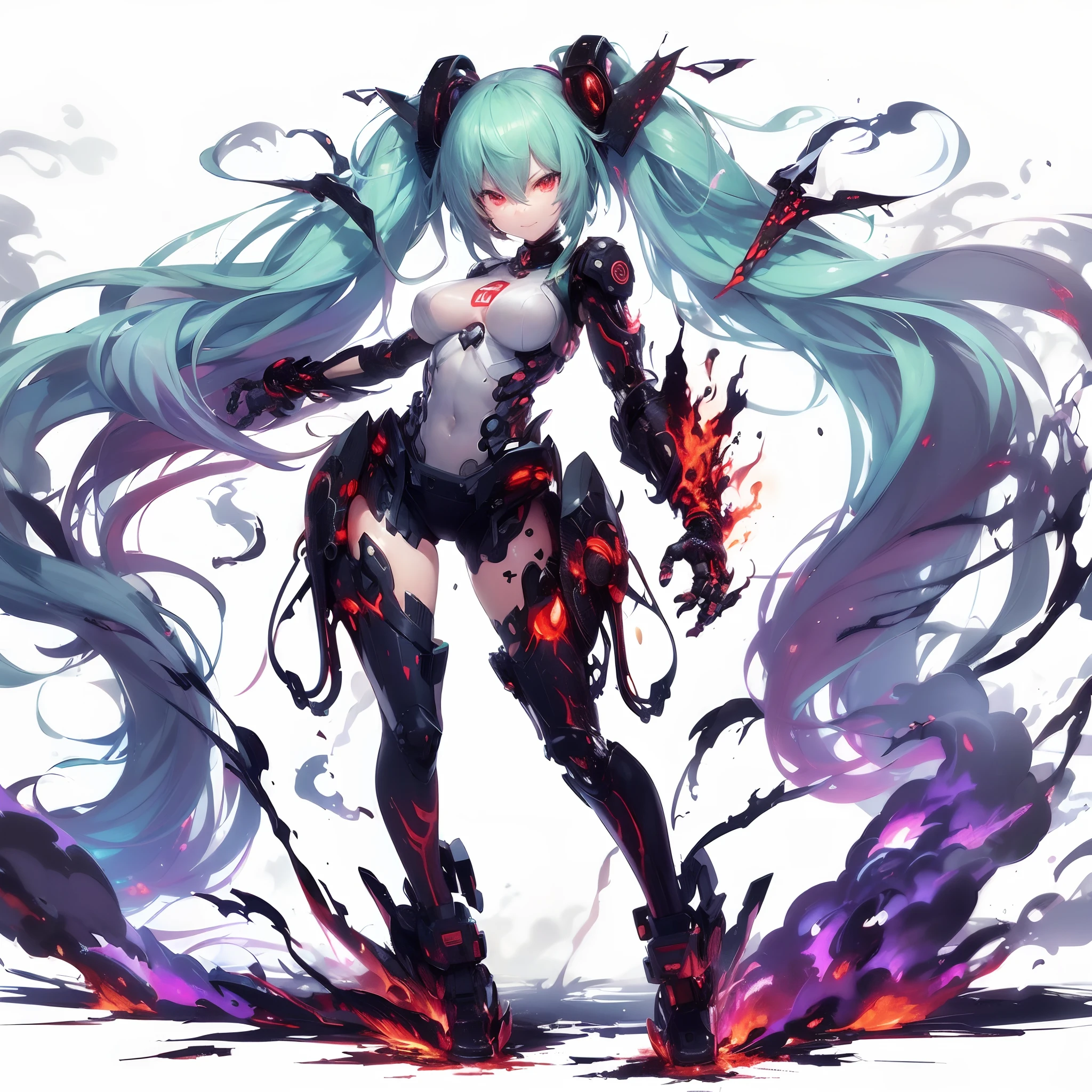 (masutepiece), (Perfect athlete body:1.2), Anime style, Full body, Cyberpunk Girl, Sea green twin hairstyle with red eyes, Wearing a Cyber Costume, Black and Purple Flaming Fist, Burnt mechanical limbs, Standing in the wasteland, Flame burning in the chest, White background, Whole body,A triumphant smile