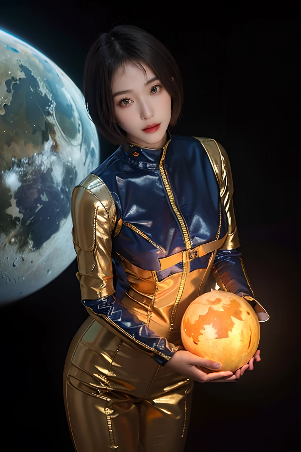 top-quality、​masterpiece、超A high resolution、(realisitic:1.4)、Beautuful Women１、Beautiful detail eyes and skin、ssmile、Light brown short-cut hair、The perfect spacesuit、spaceships、cosmic space、Halloween、pumpkins、Full Moon and Jupiter、