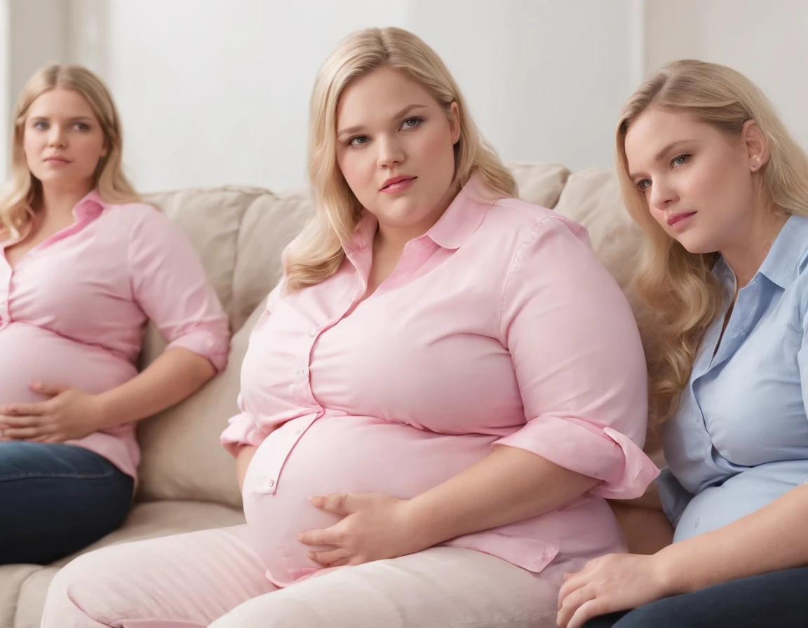 pregnant obese blond sorority sisters wearing pink button down shirts sitting in living room, detailed clothes, huge bellies, large bellies, realistic, high resolution high detail