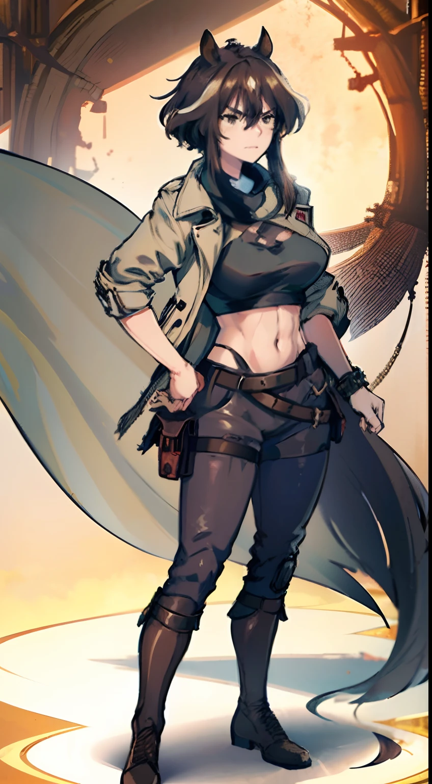 Character details,, Strong, Single, without wearing shoes, Bare feet, Short hair, Smart hairstyle, Dust, Cape, English helmet, Curly hair, Fair skin, World War II, binh, fantasy, Chocolate hair, British military cloak, Brown eyes, Angry, Large scars on the cheeks, Pistol on the belt, Bone bracelet, (the scars), Lots of shadows, Dark colors, Brown pants, Soviet shirts,