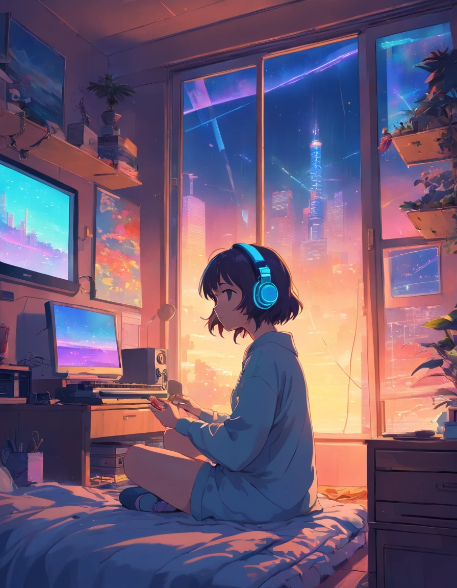 European Hippie Girl meditating in her room, dreaming, Wear headphones, night lights, Neon landscape on a rainy day, Analog Color Theme, Lo-Fi Hip Hop , retrospective, flat, 2.5D ,Draw a line, Ink Drawing, Large slope, Watercolor painting, Goosch Colors, Studio Ghibli Style, Awesome colorful, Outer Ton, krautrock, lofi art, 70s style,Old texture, amplitude,psychedelic vibe, masterpiece, Tremendous technology,