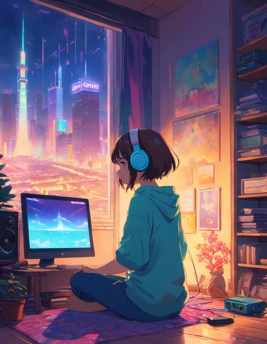 European Hippie Girl meditating in her room, dreaming, Wear headphones, night lights, Neon landscape on a rainy day, Analog Color Theme, Lo-Fi Hip Hop , retrospective, flat, 2.5D ,Draw a line, Ink Drawing, Large slope, Watercolor painting, Goosch Colors, Studio Ghibli Style, Awesome colorful, Outer Ton, krautrock, lofi art,  70s style,Old texture, amplitude,psychedelic vibe, masterpiece, Tremendous technology,